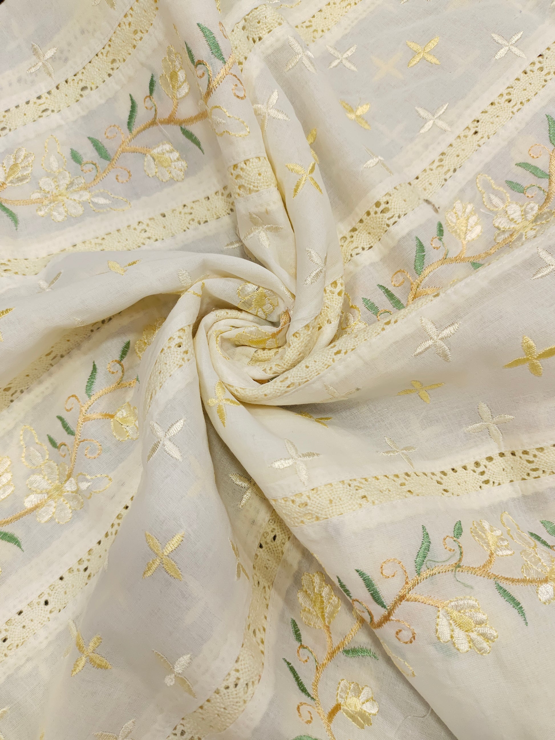 Cream  fabric with baech embroidery and  crochet lace