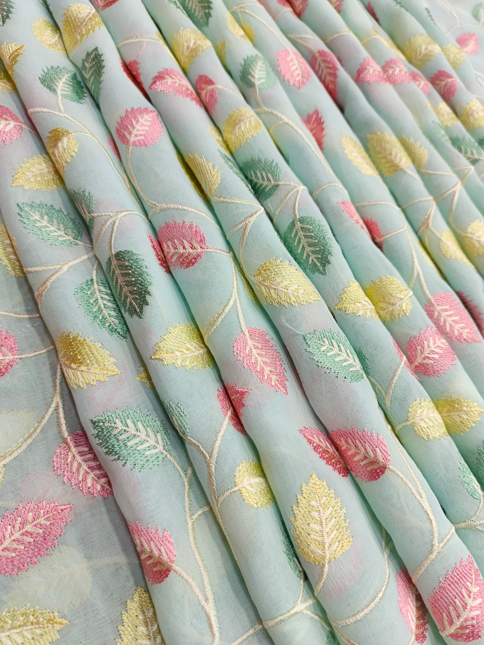 Voile fabric with blue color embroidery fabric