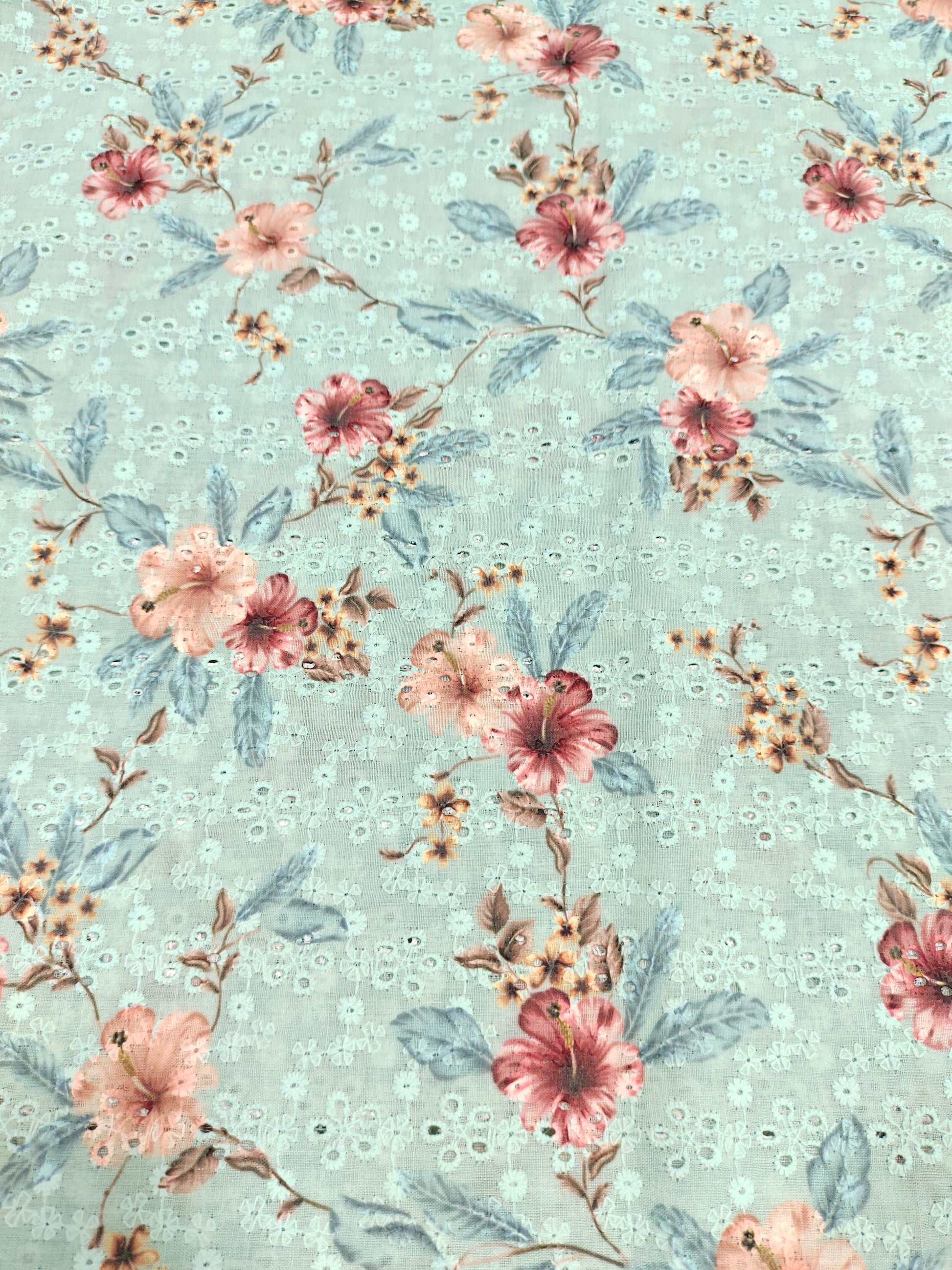 Cotton digital print embroidered fabric