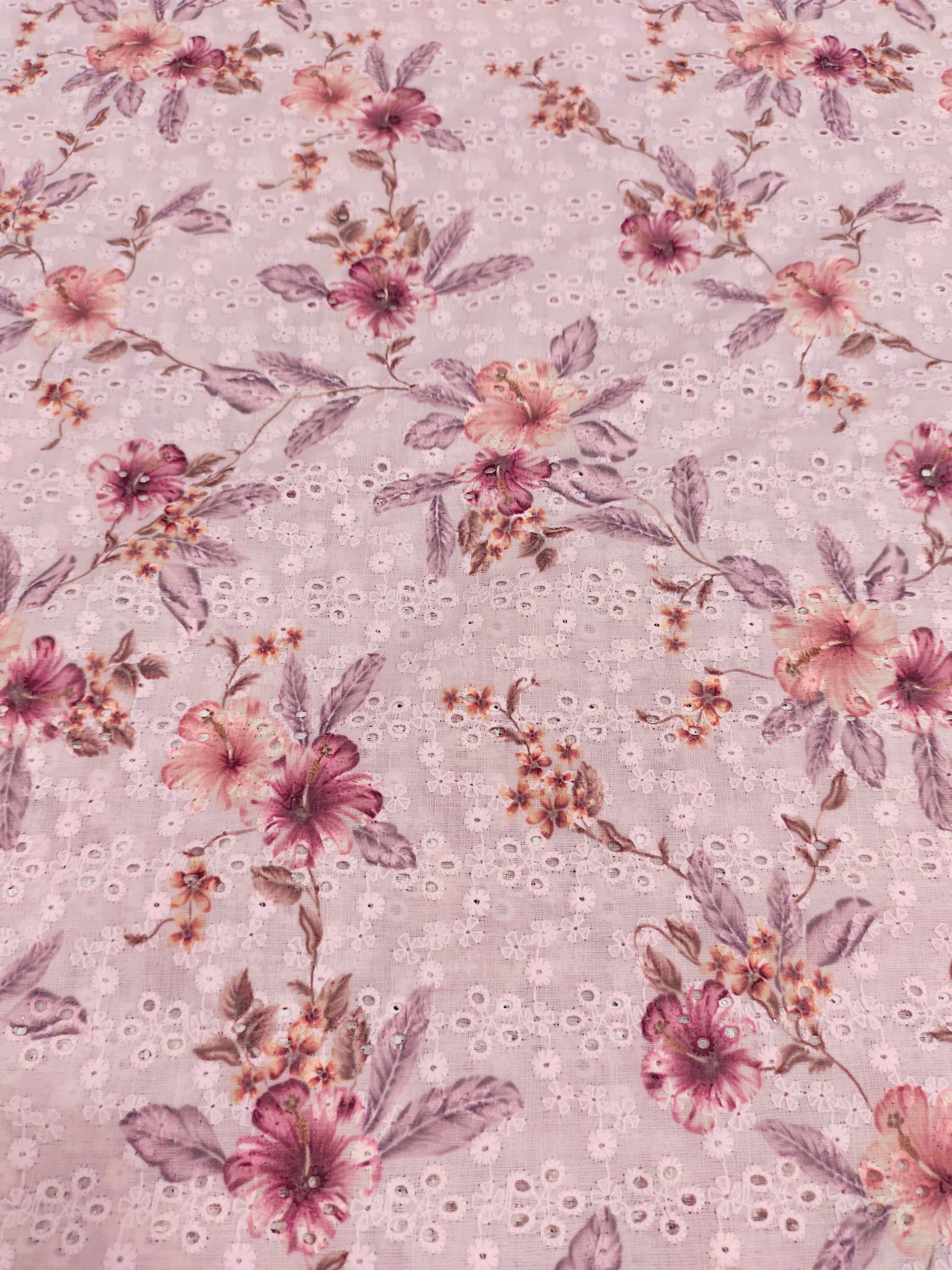 Cotton digital print embroidered fabric with pink in color