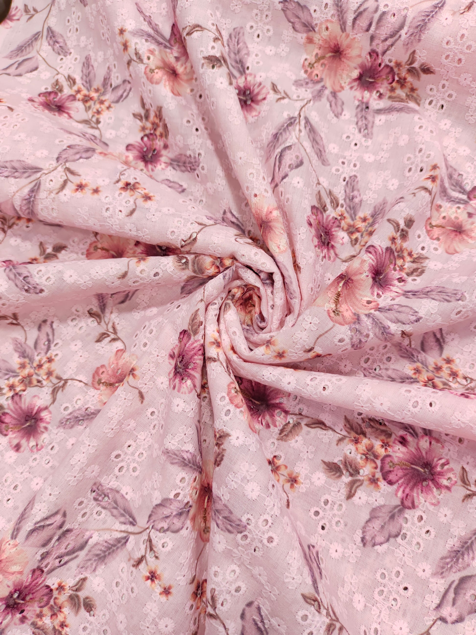 Cotton digital print embroidered fabric with pink in color