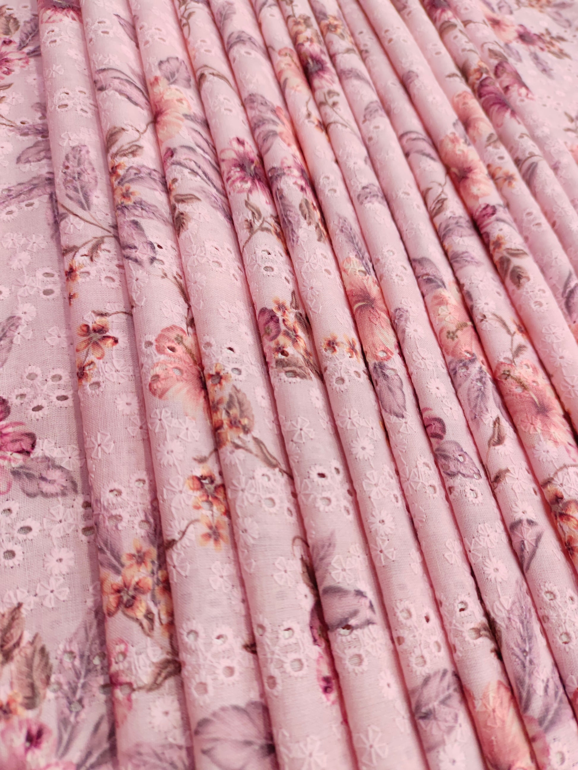 Cotton digital print embroidered fabric with pink in color