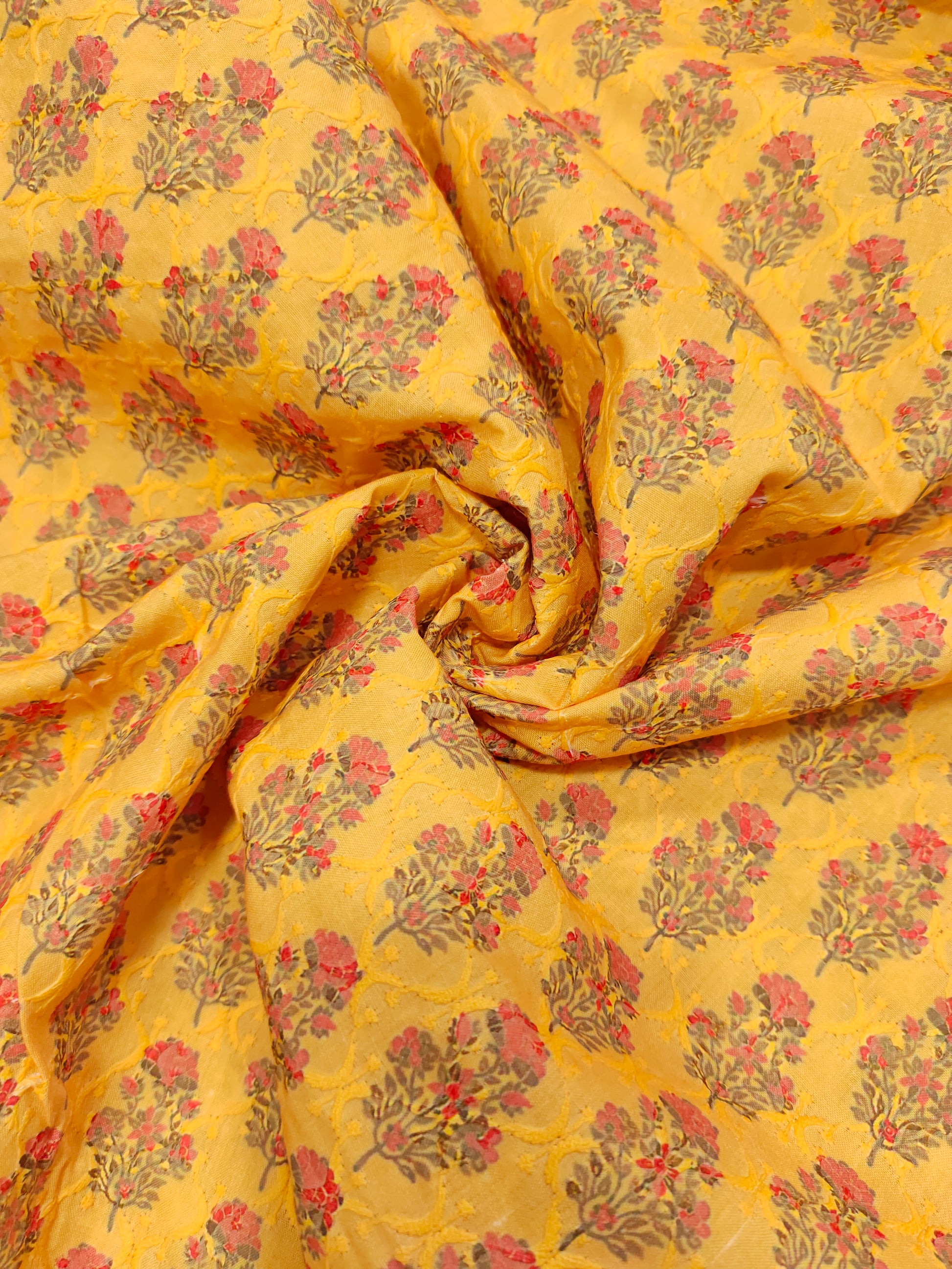 Embroidered cotton with mango yellow fabric digital print
