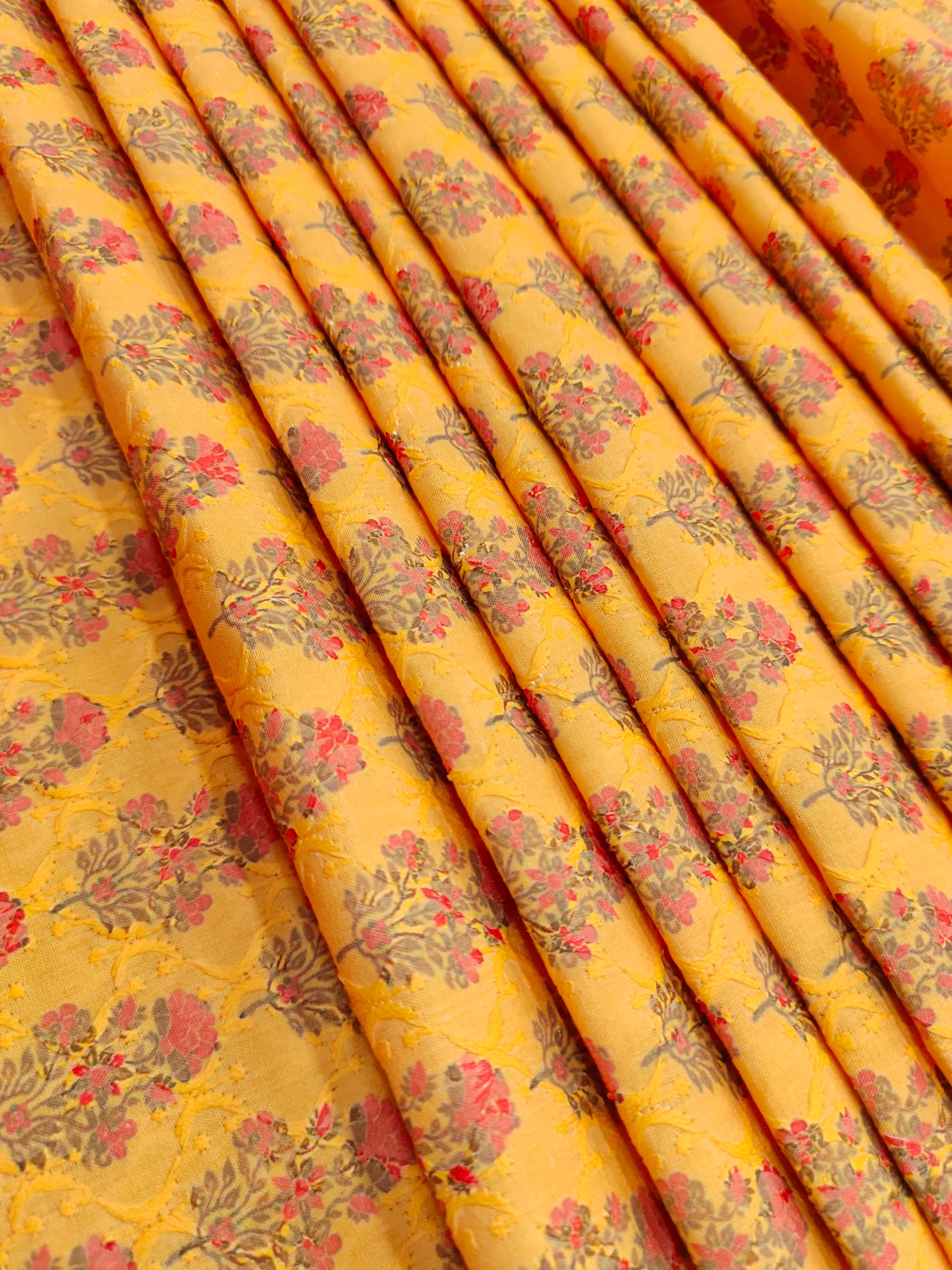 Embroidered cotton with mango yellow fabric digital print