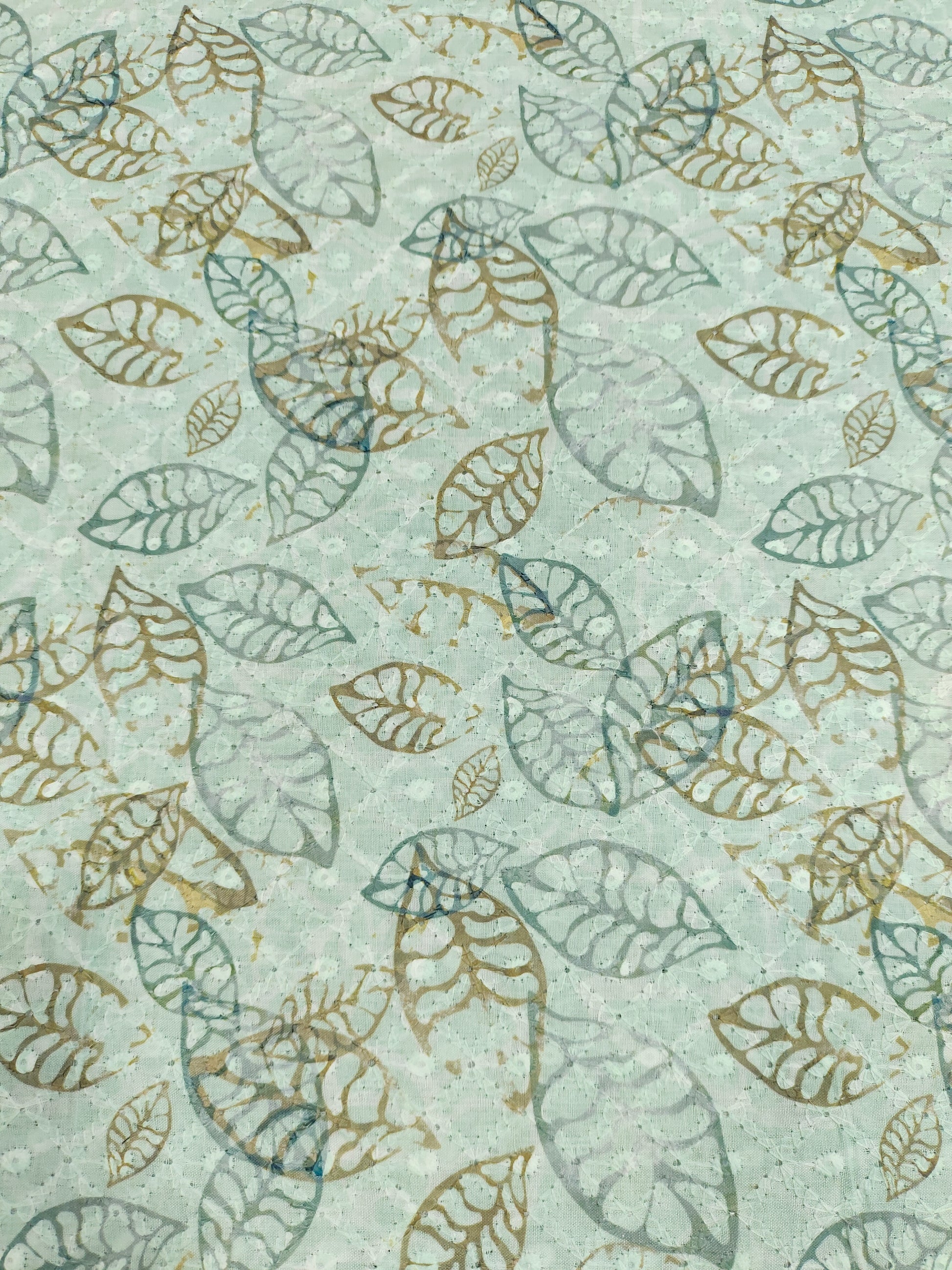 light sea green cotton embroidered fabric with digital print