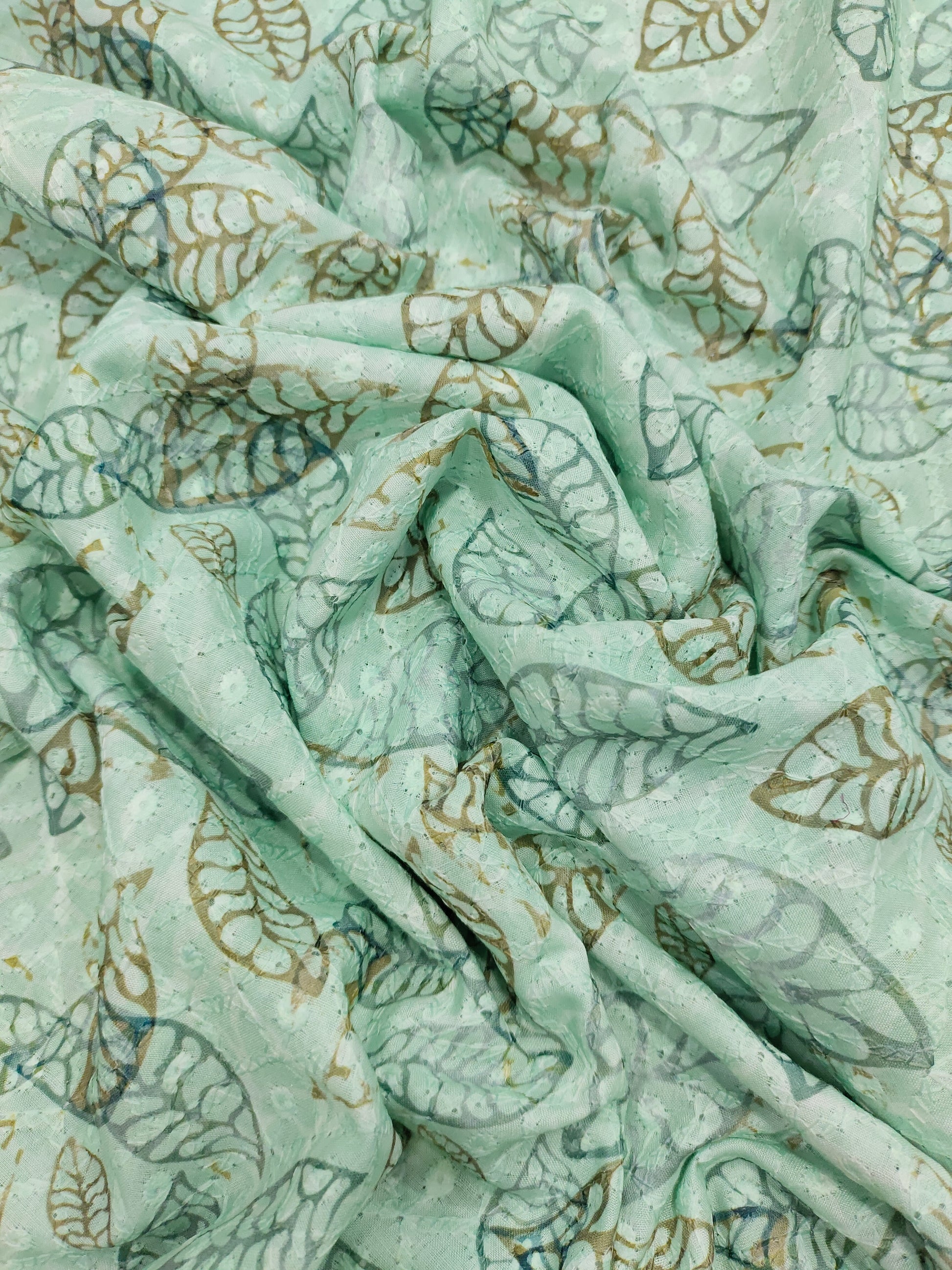 light sea green cotton embroidered fabric with digital print