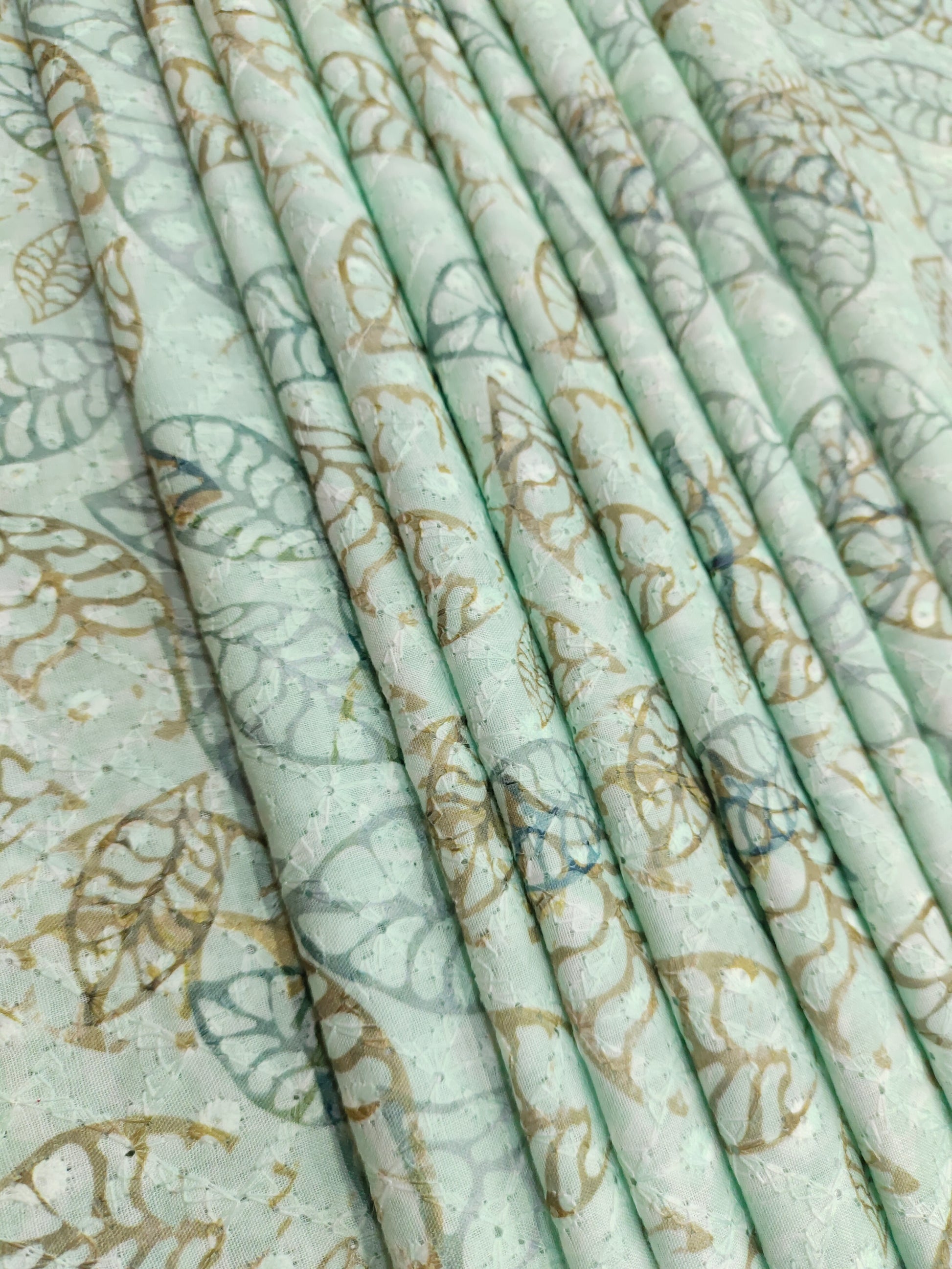 light sea green cotton embroidered fabric with digital print