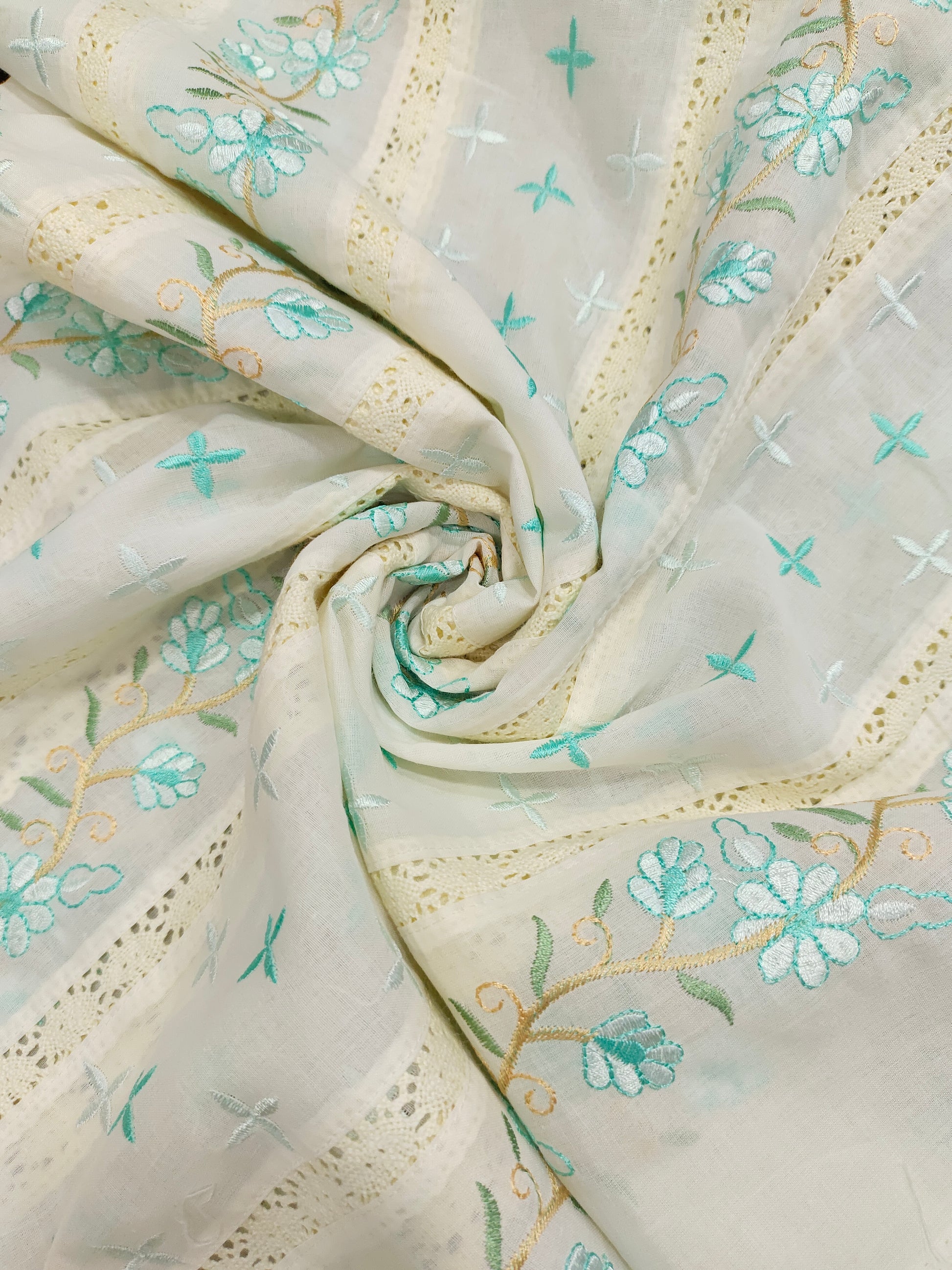 Cream  fabric with pista embroidery and  crochet lace
