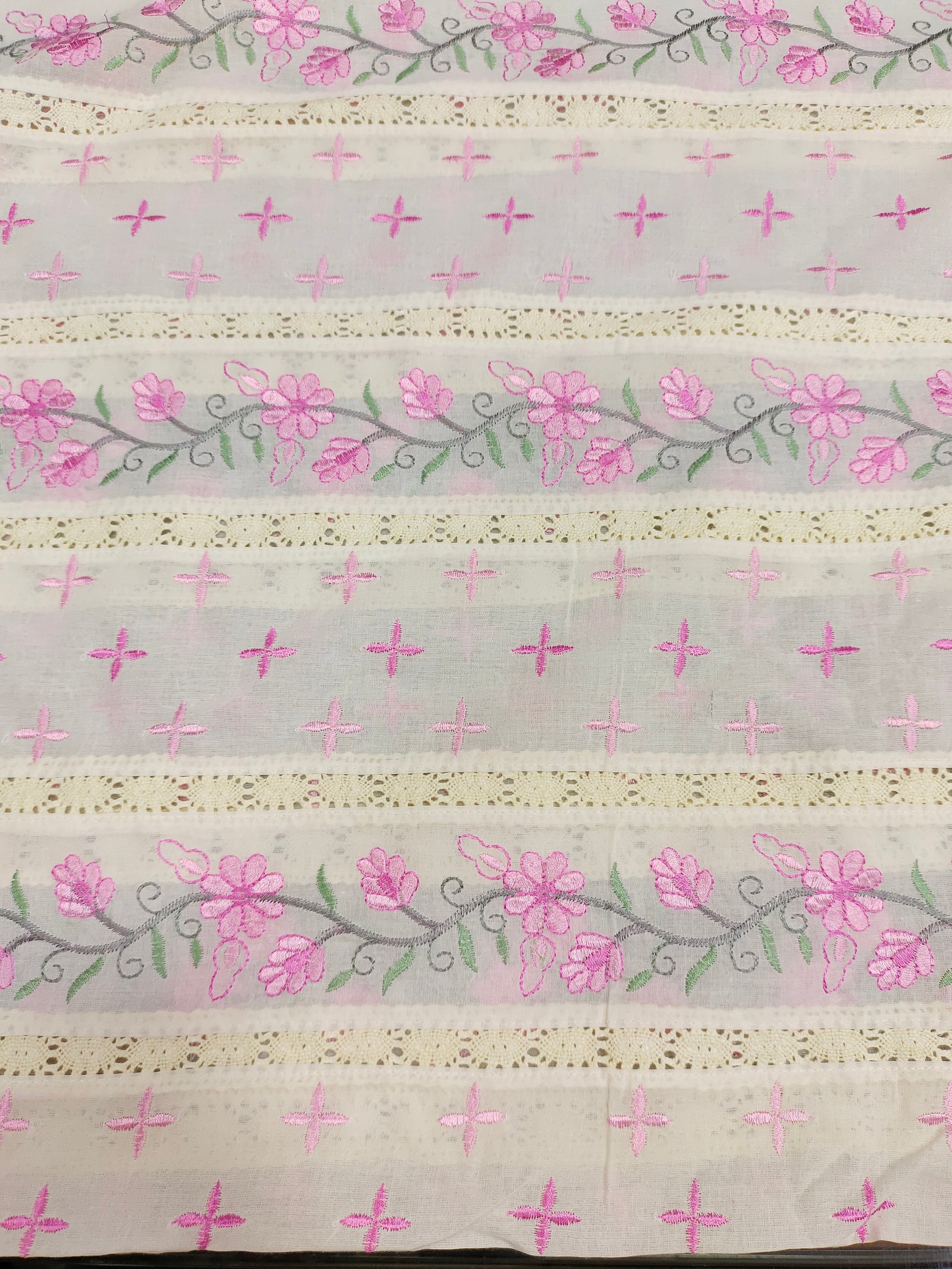 Cream  fabric with pink embroidery and  crochet lace