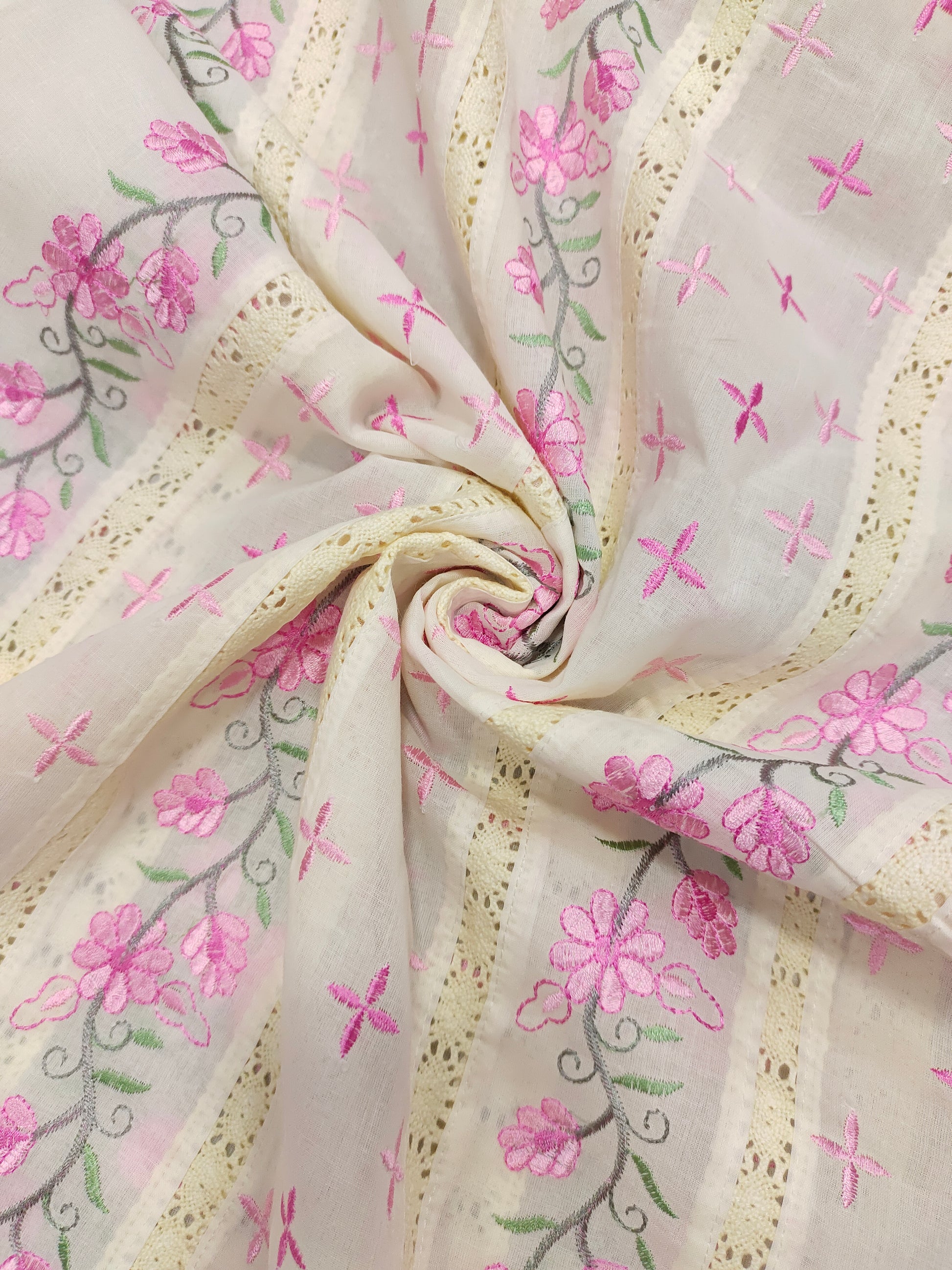 Cream  fabric with pink embroidery and  crochet lace
