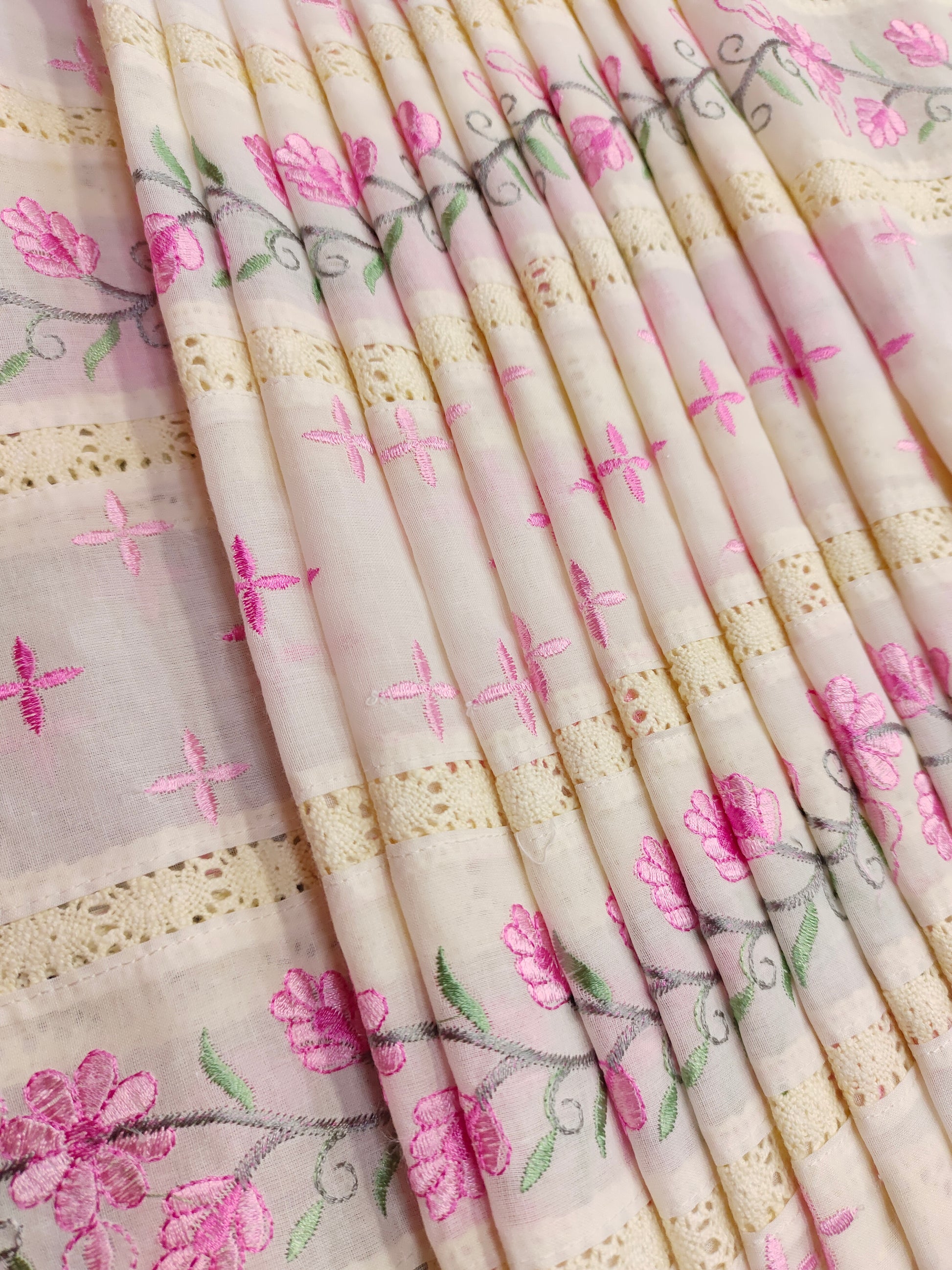 Cream  fabric with pink embroidery and  crochet lace