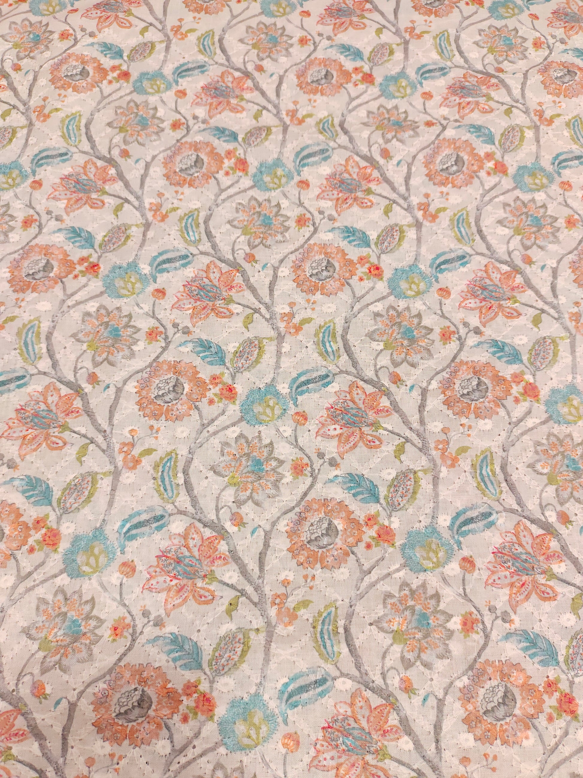 light peach embroidered fabric with rani and blue digital print