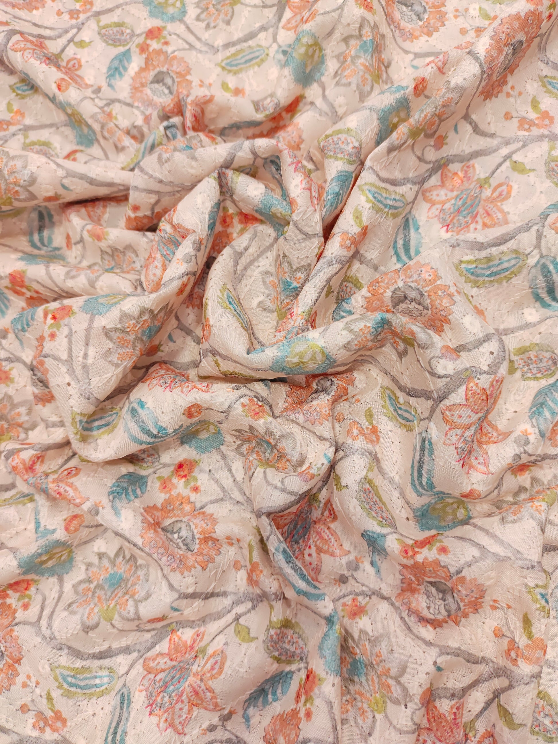 light peach embroidered fabric with rani and blue digital print