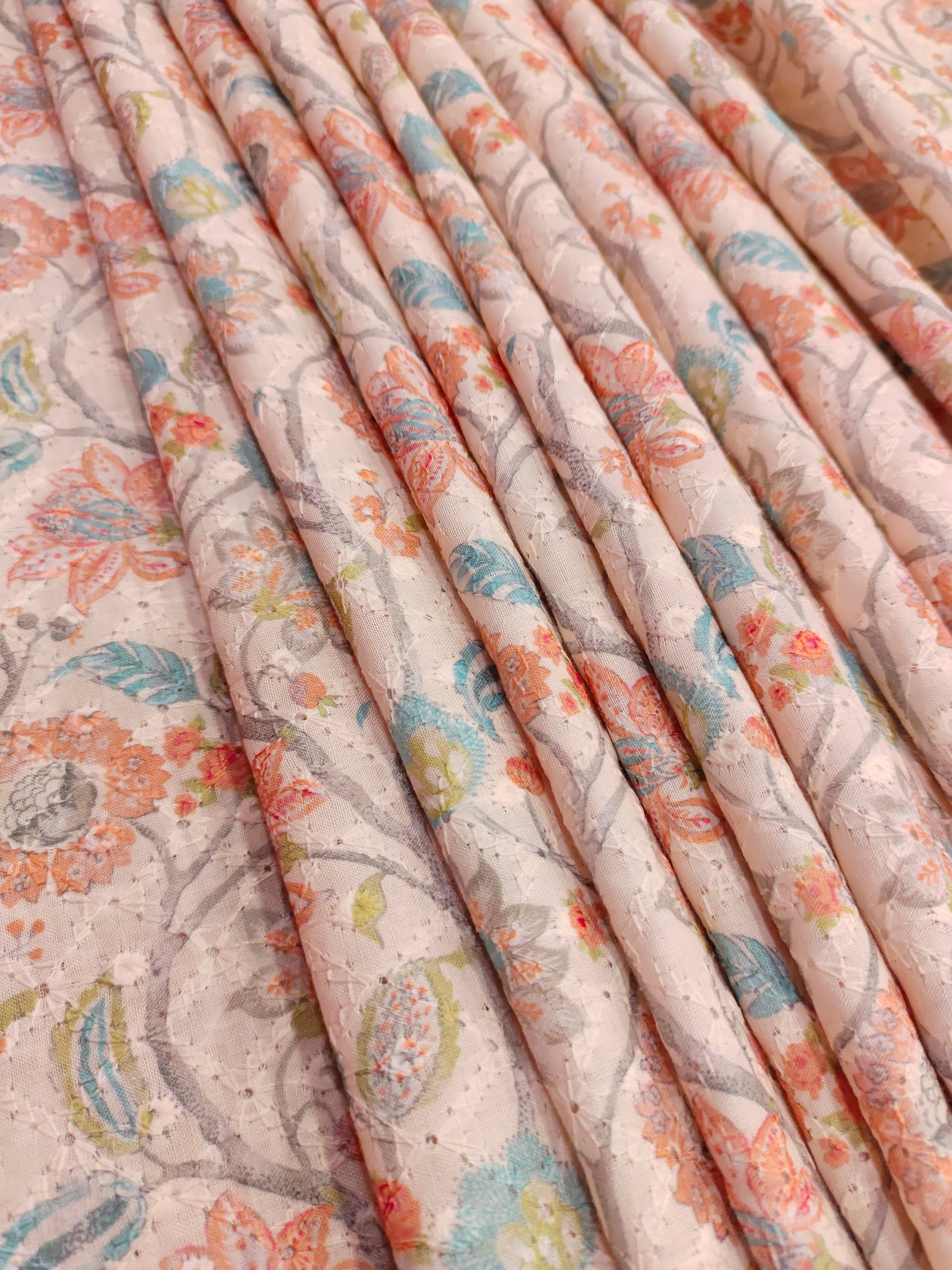 light peach embroidered fabric with rani and blue digital print