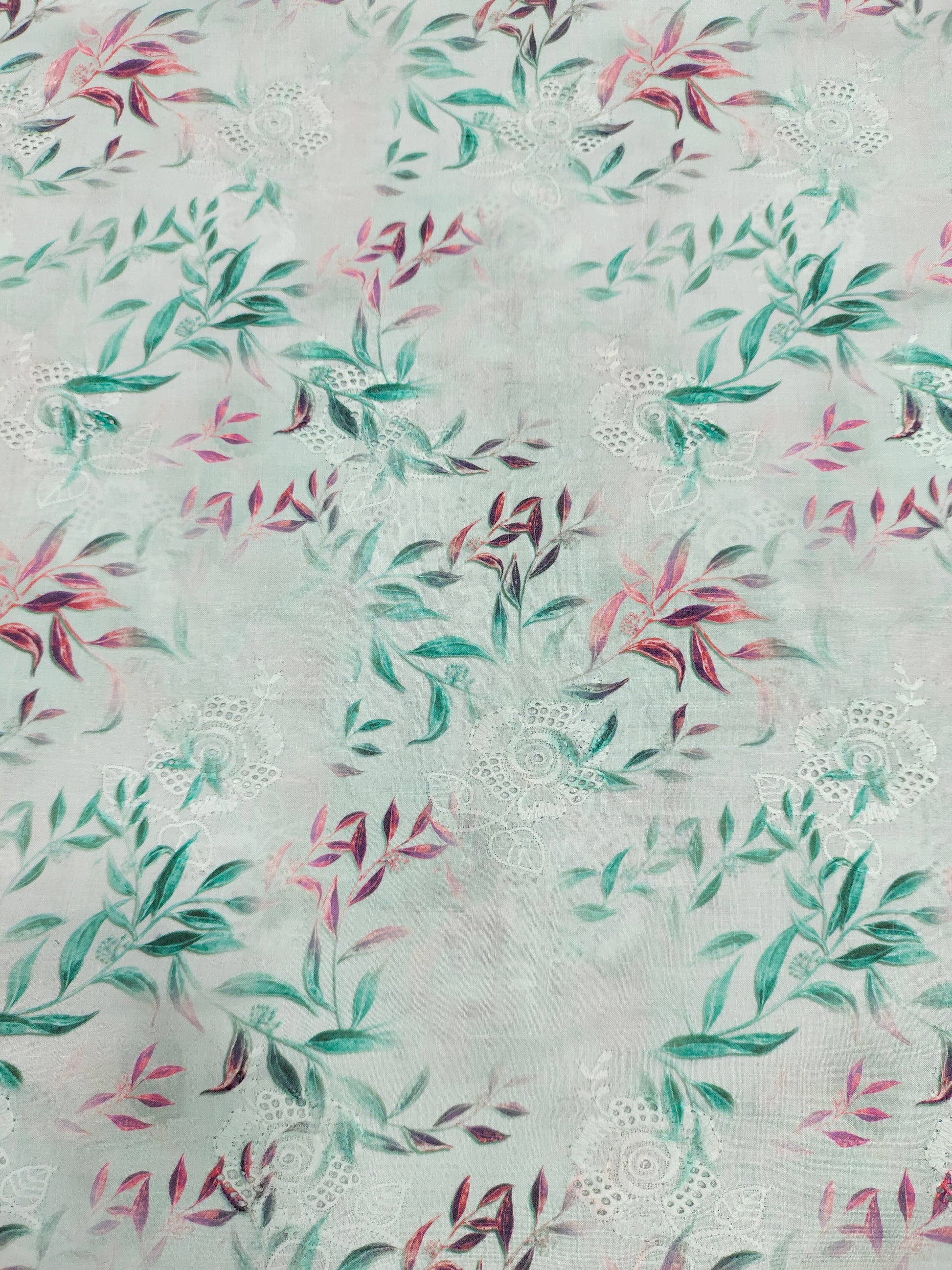 Sea green   cotton embroidered fabric with digital print