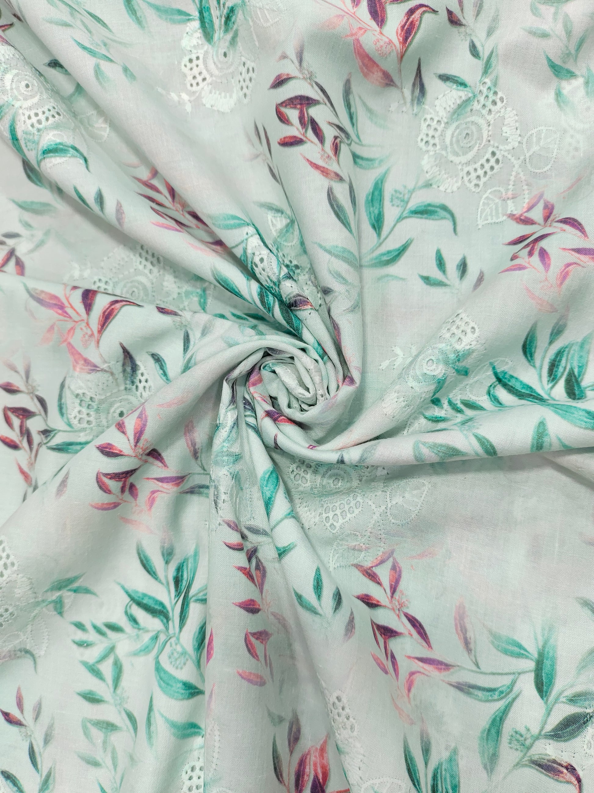Sea green   cotton embroidered fabric with digital print