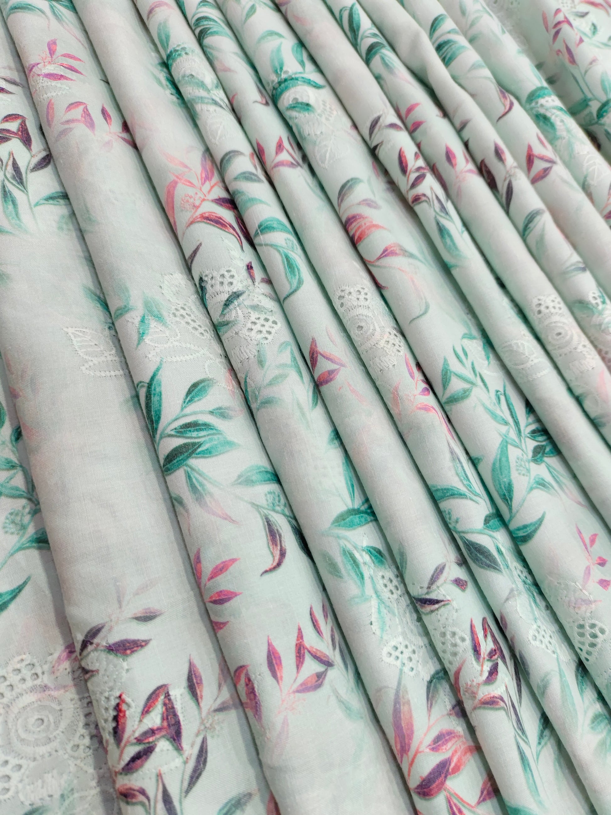 Sea green   cotton embroidered fabric with digital print