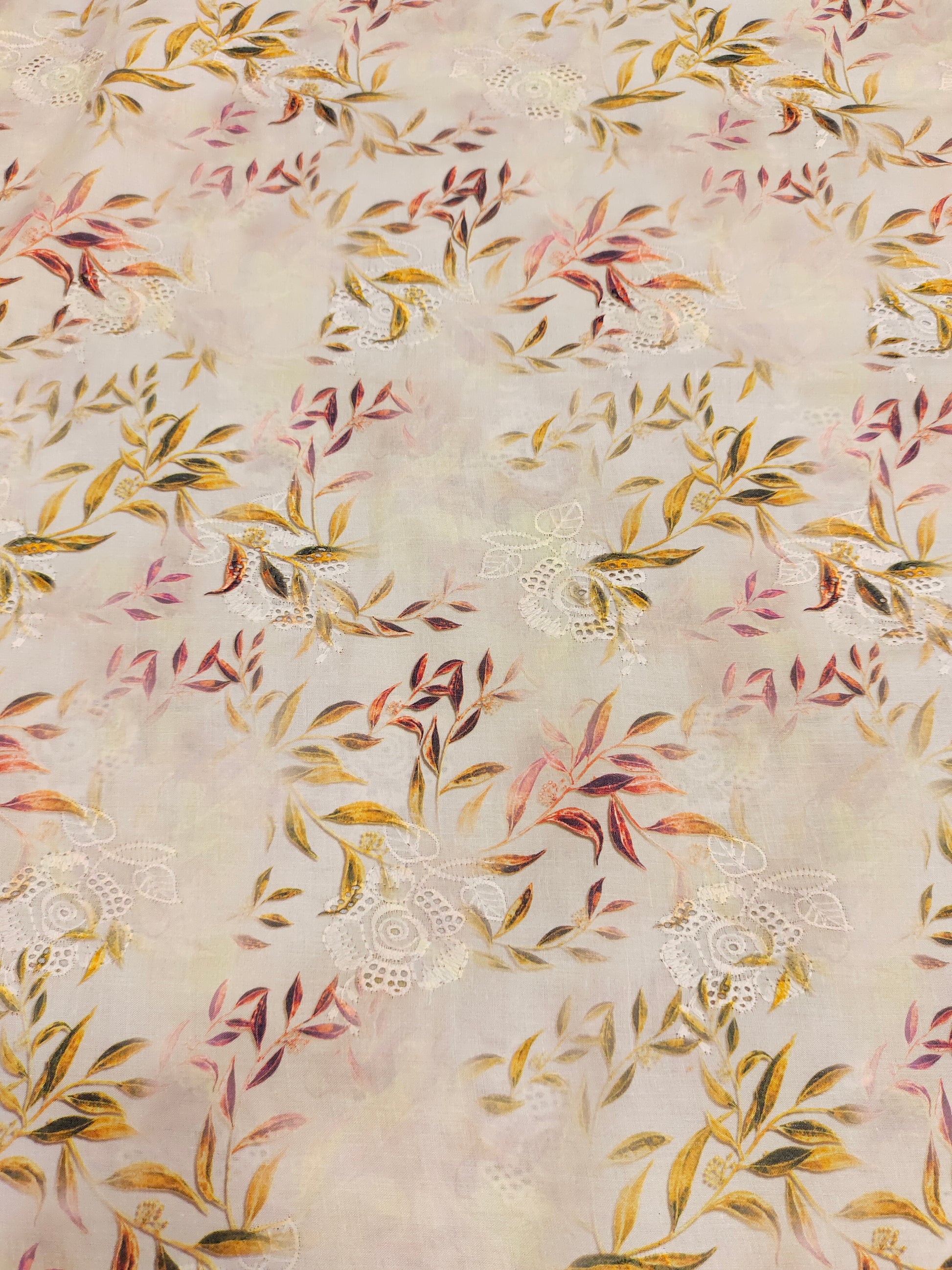 Beige  cotton embroidered fabric with digital print