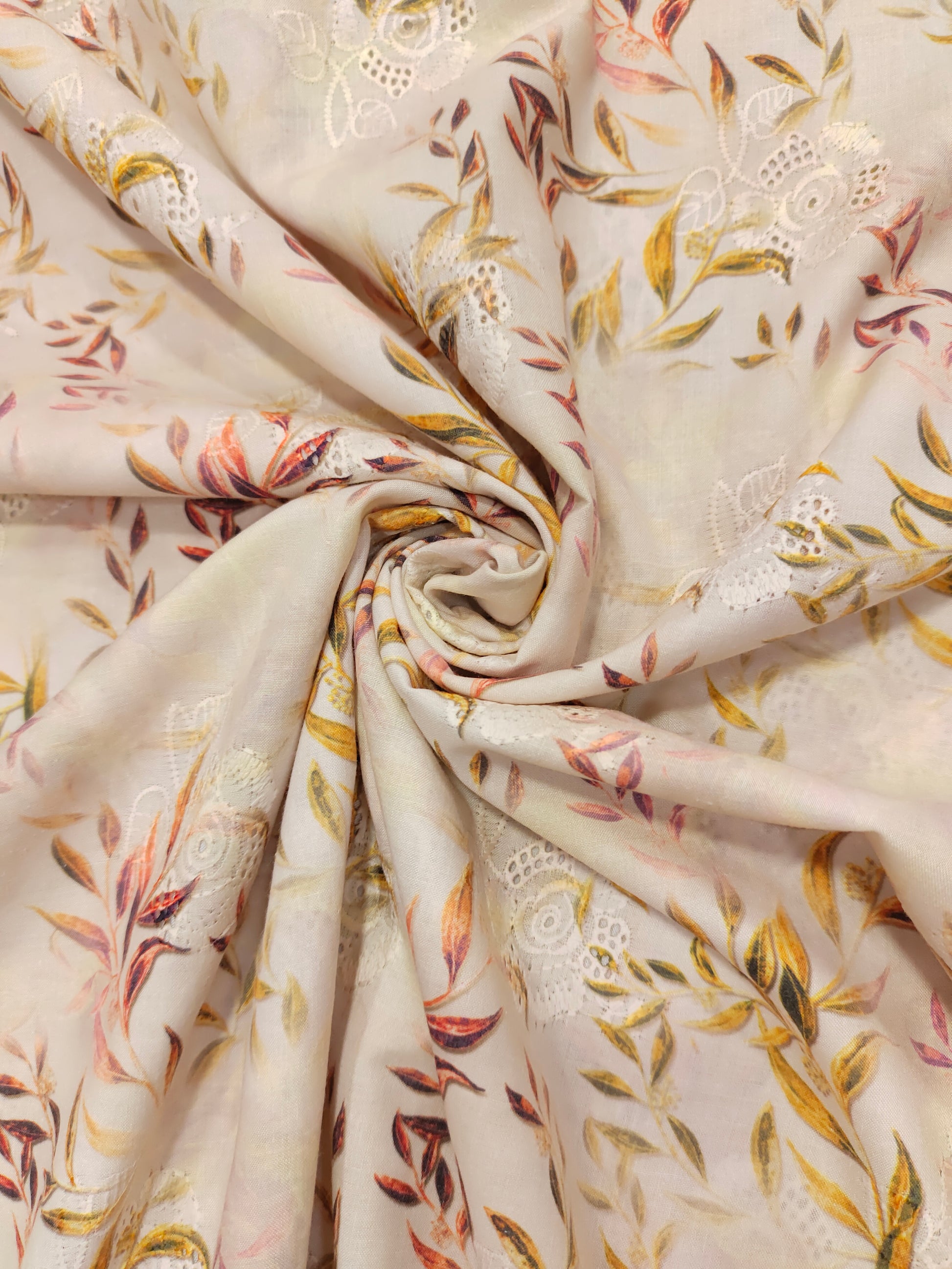 Beige  cotton embroidered fabric with digital print