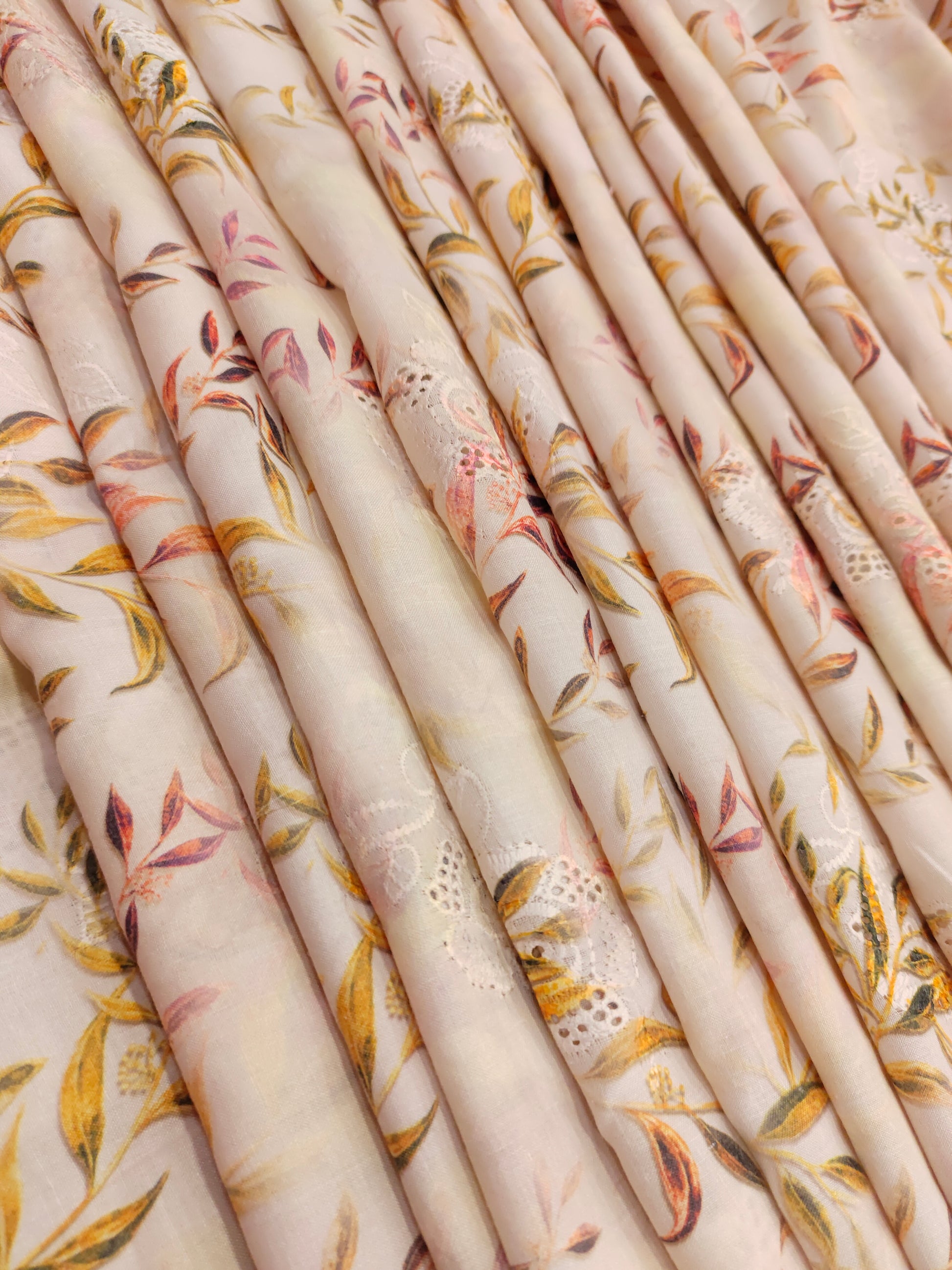 Beige  cotton embroidered fabric with digital print