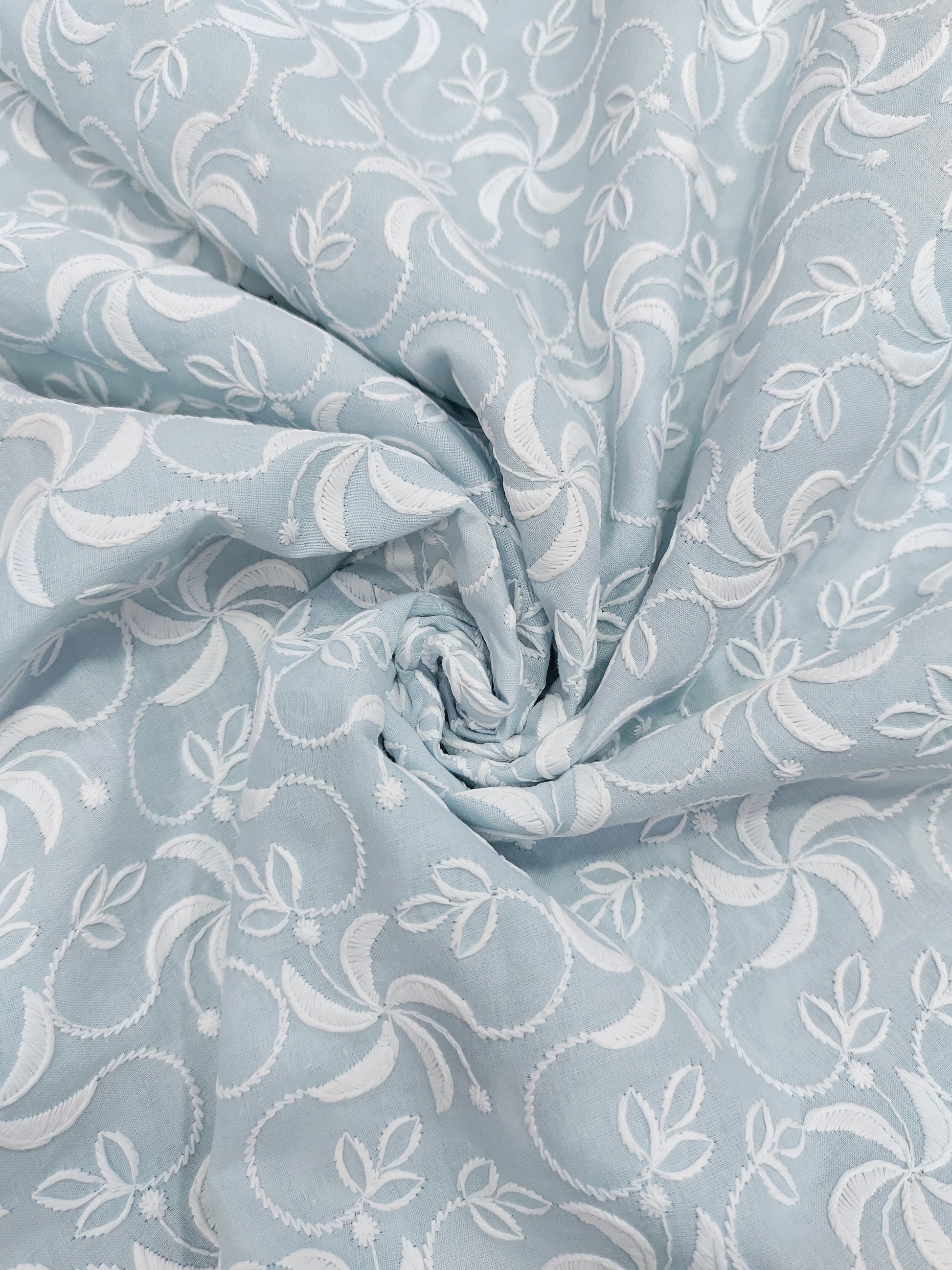 Sky blue cotton embroidered fabric
