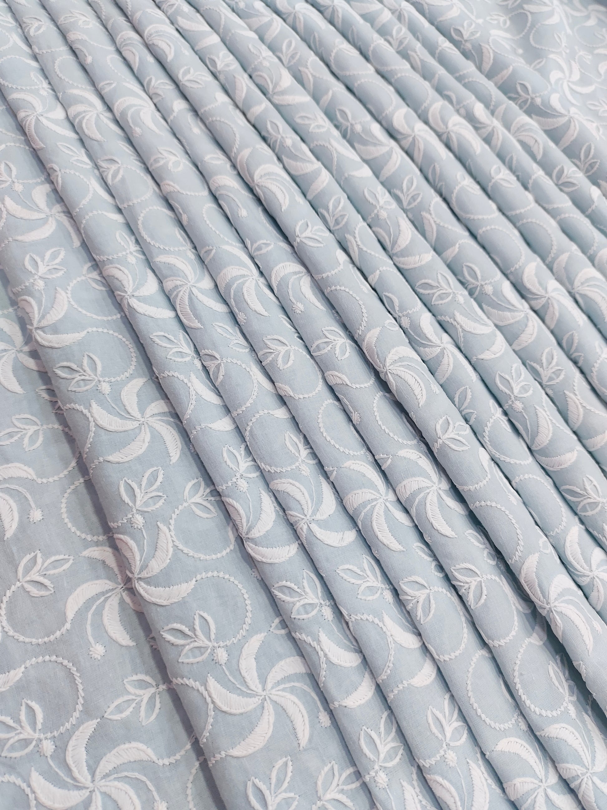 Sky blue cotton embroidered fabric