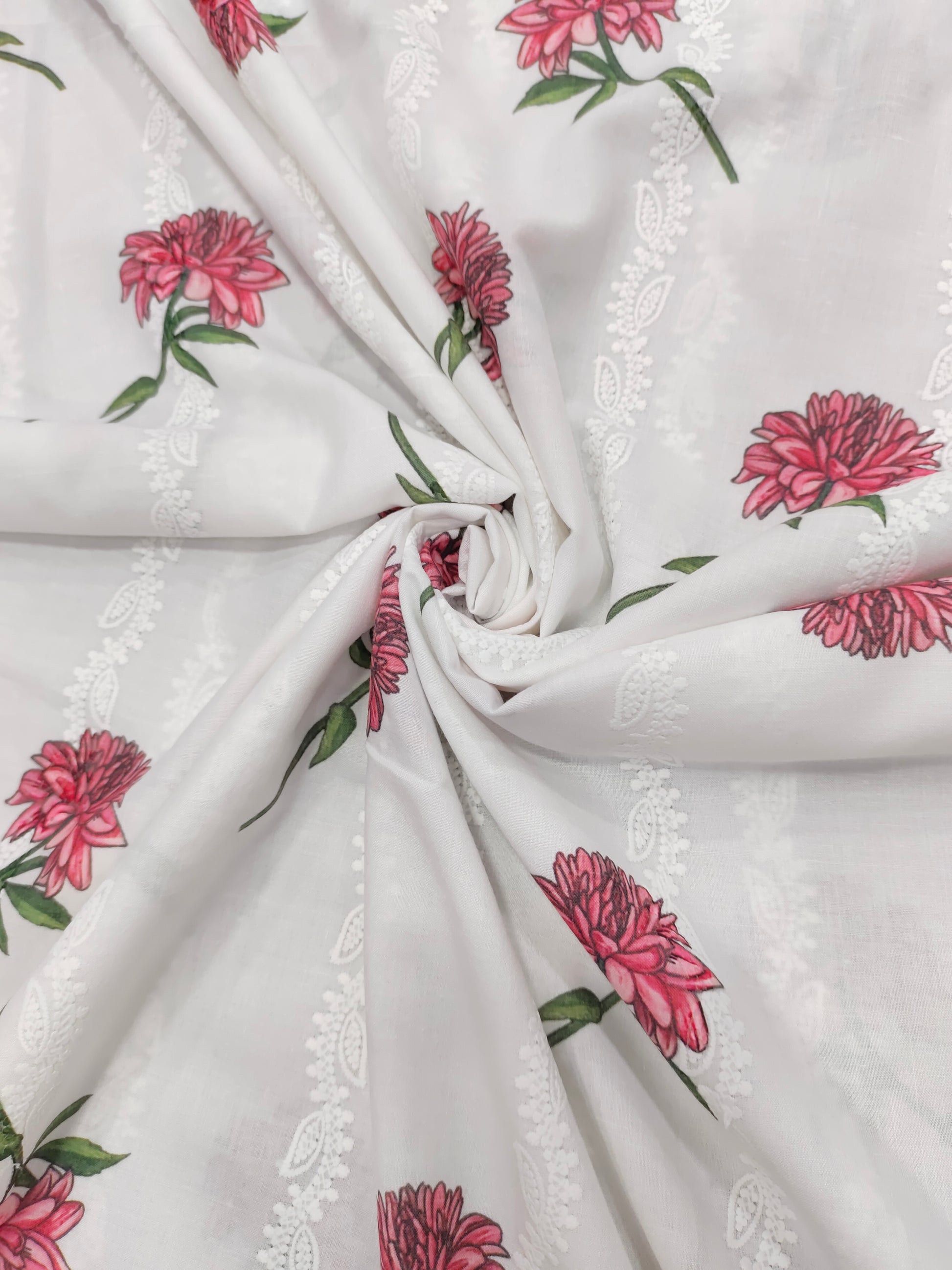 White embroidered with red flowers