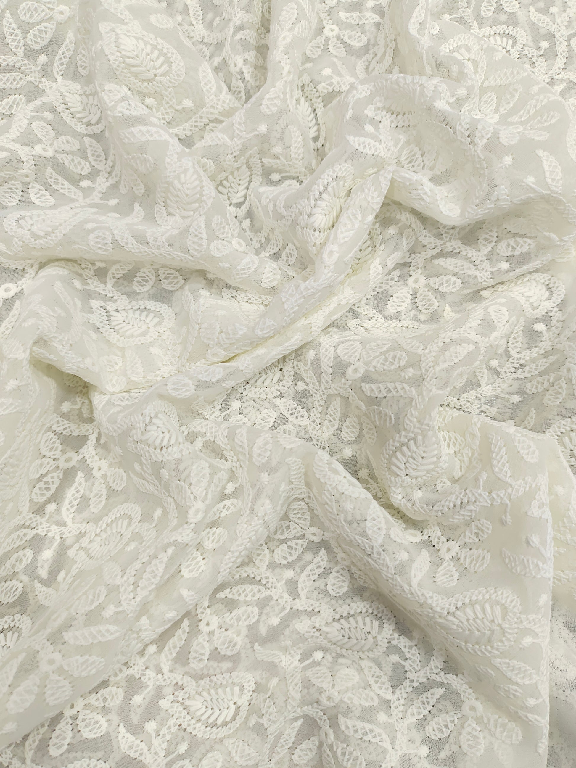 Off white chiffon lucknowi style embroidery fabric
