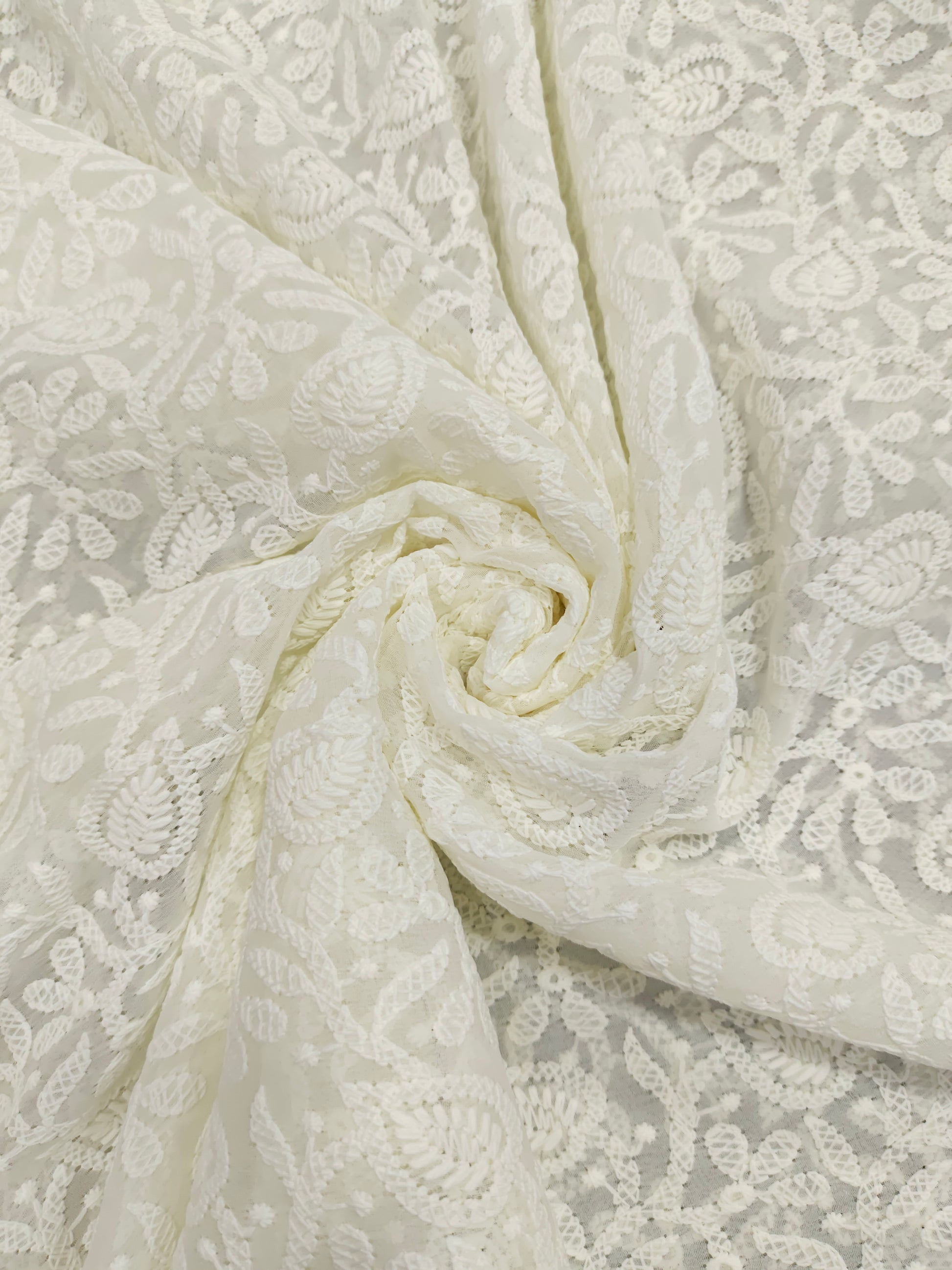 Off white chiffon lucknowi style embroidery fabric