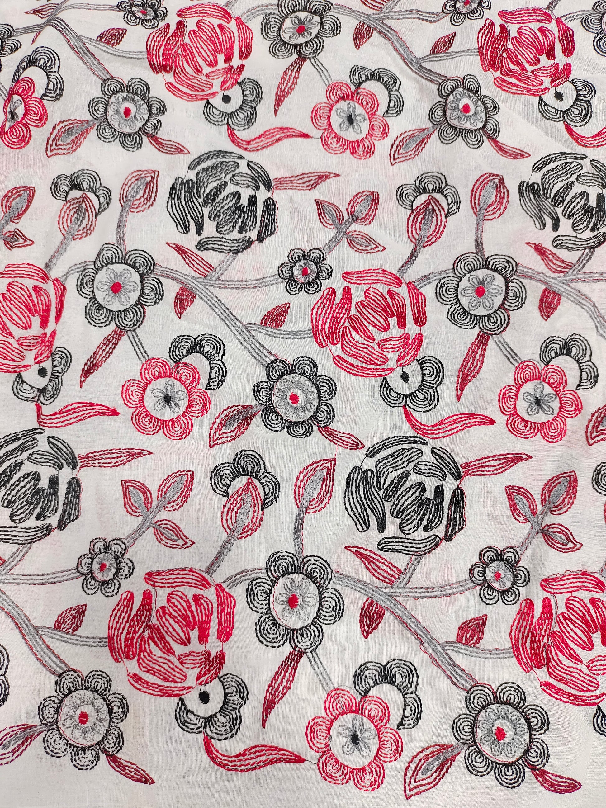 Voile embroidered fabric with red and black