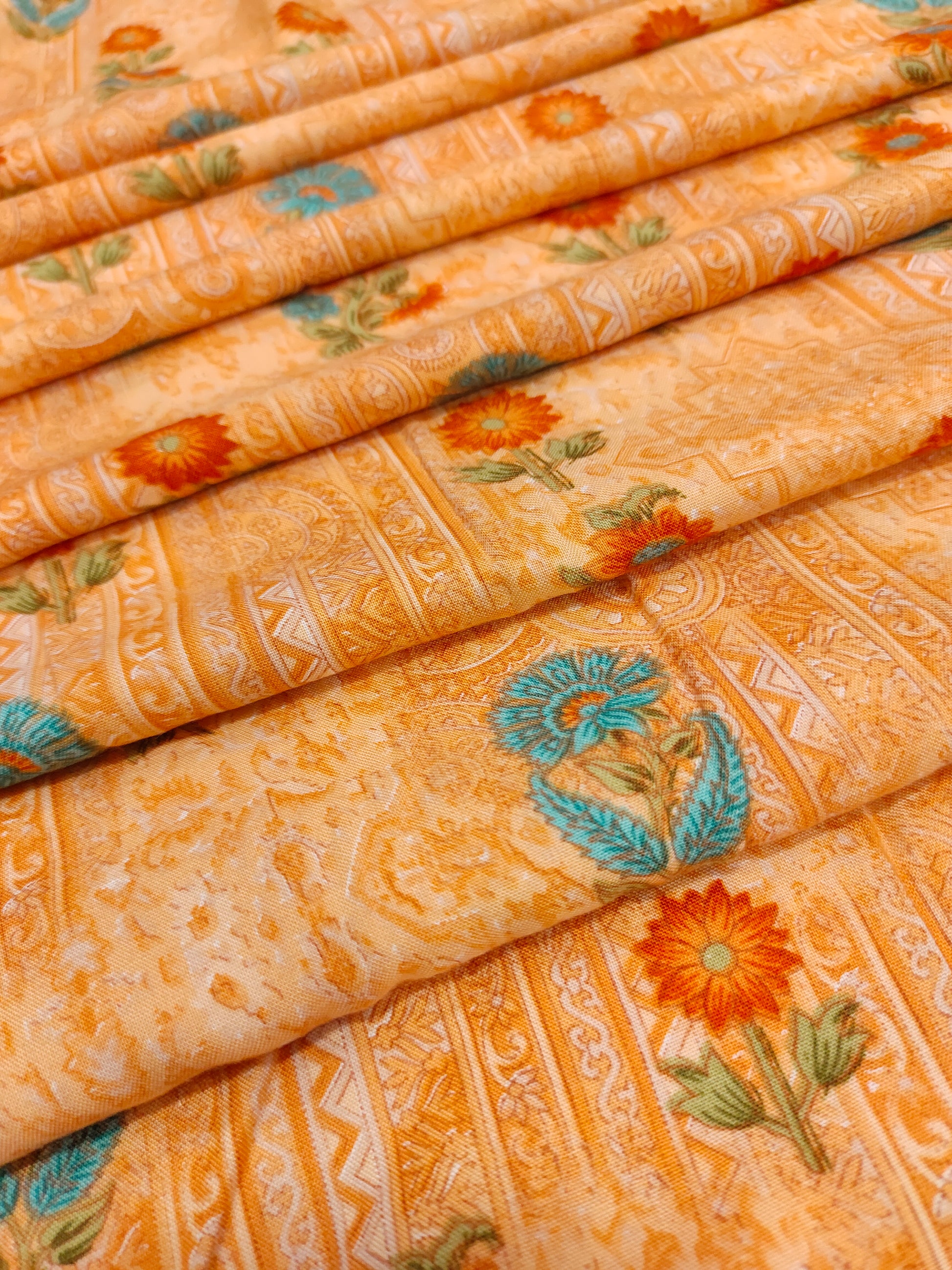 Peach base with orange & blue floral print