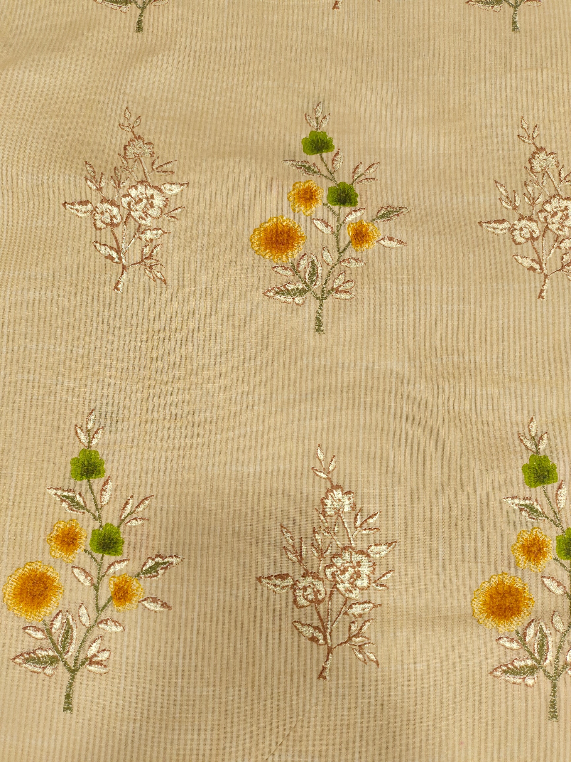 Cotton screen print with self stripe and floral with gold finish