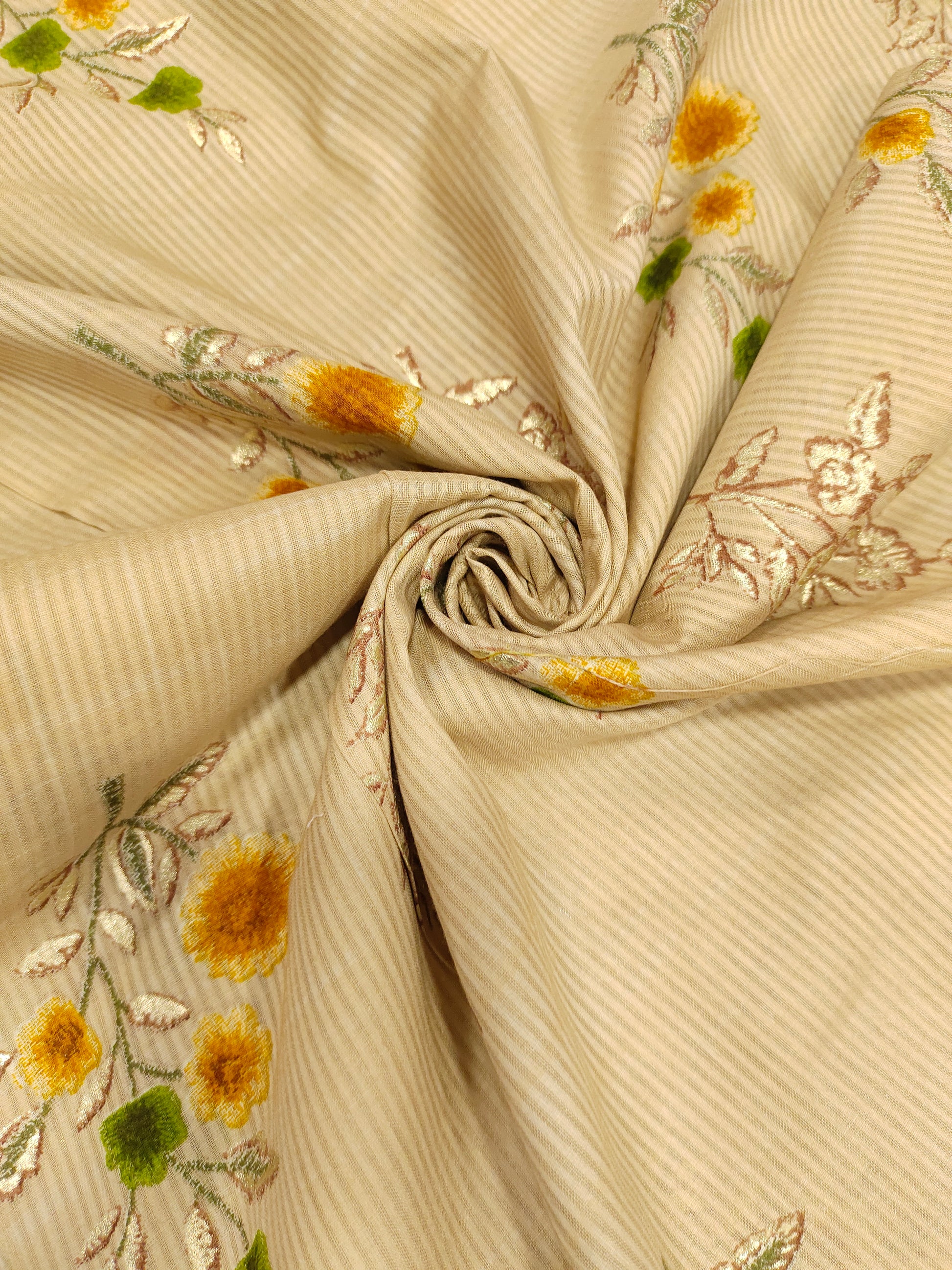 Cotton screen print with self stripe and floral with gold finish
