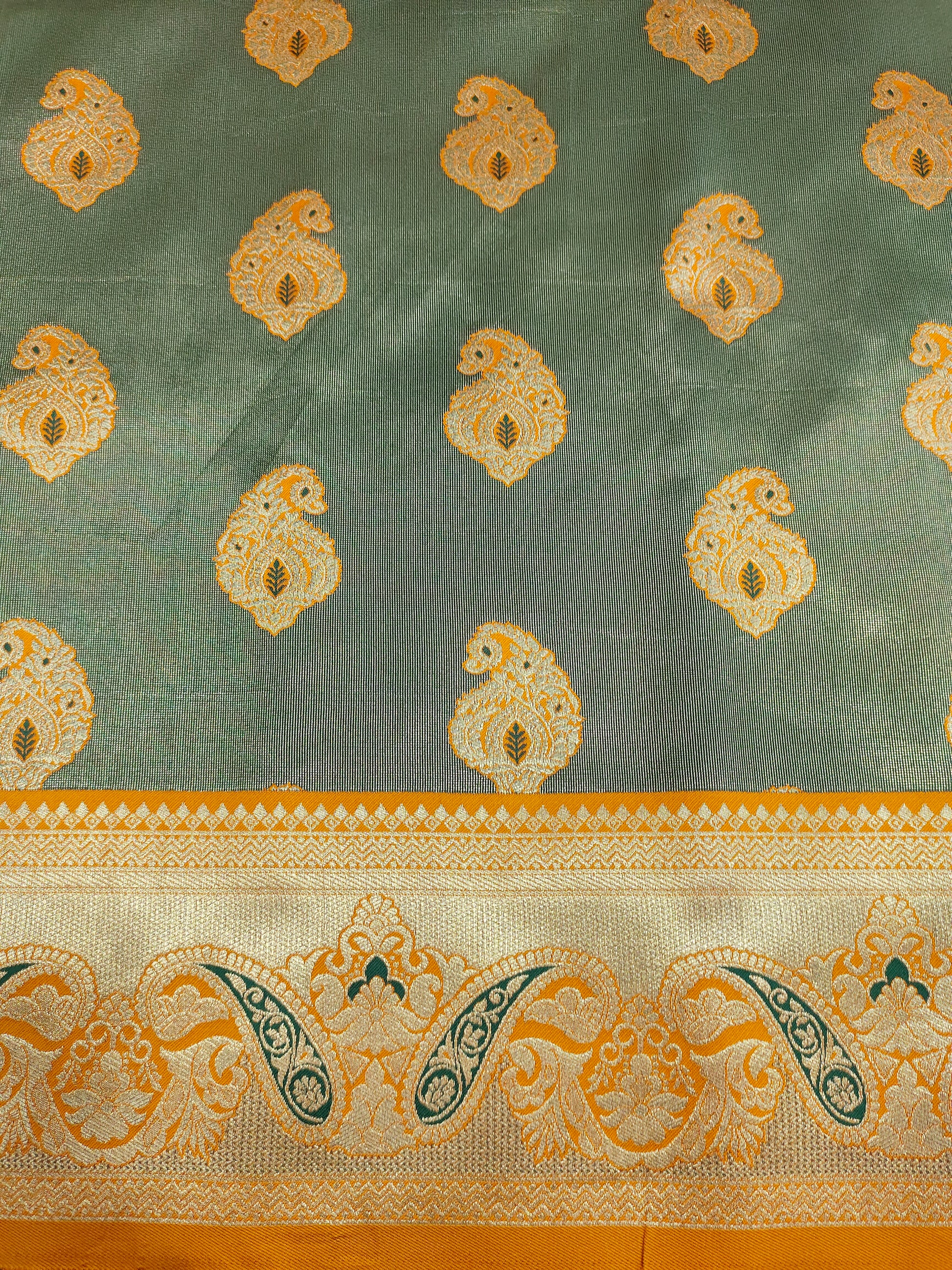 Banarasi silk green with yellow orange