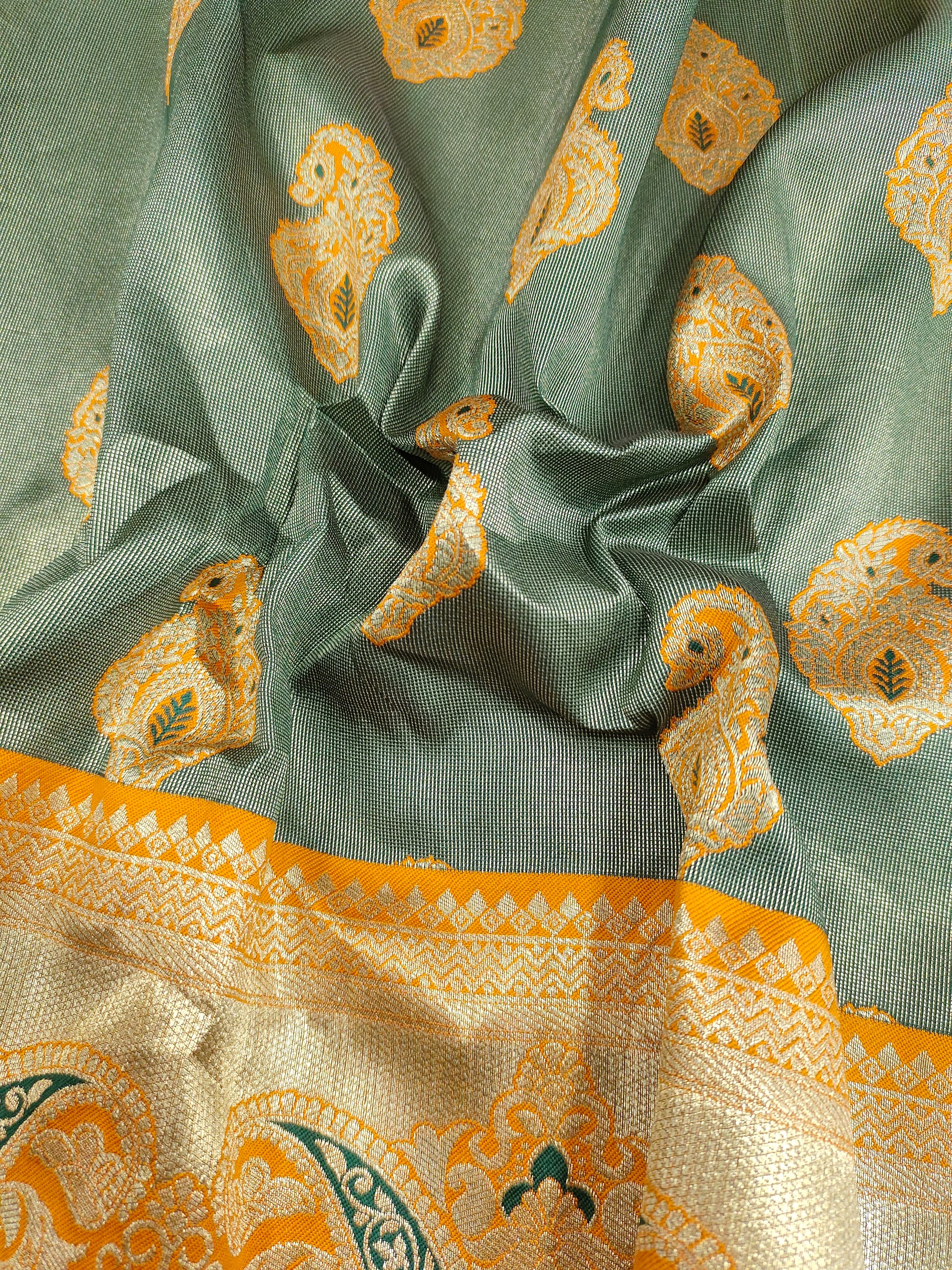 Banarasi silk green with yellow orange