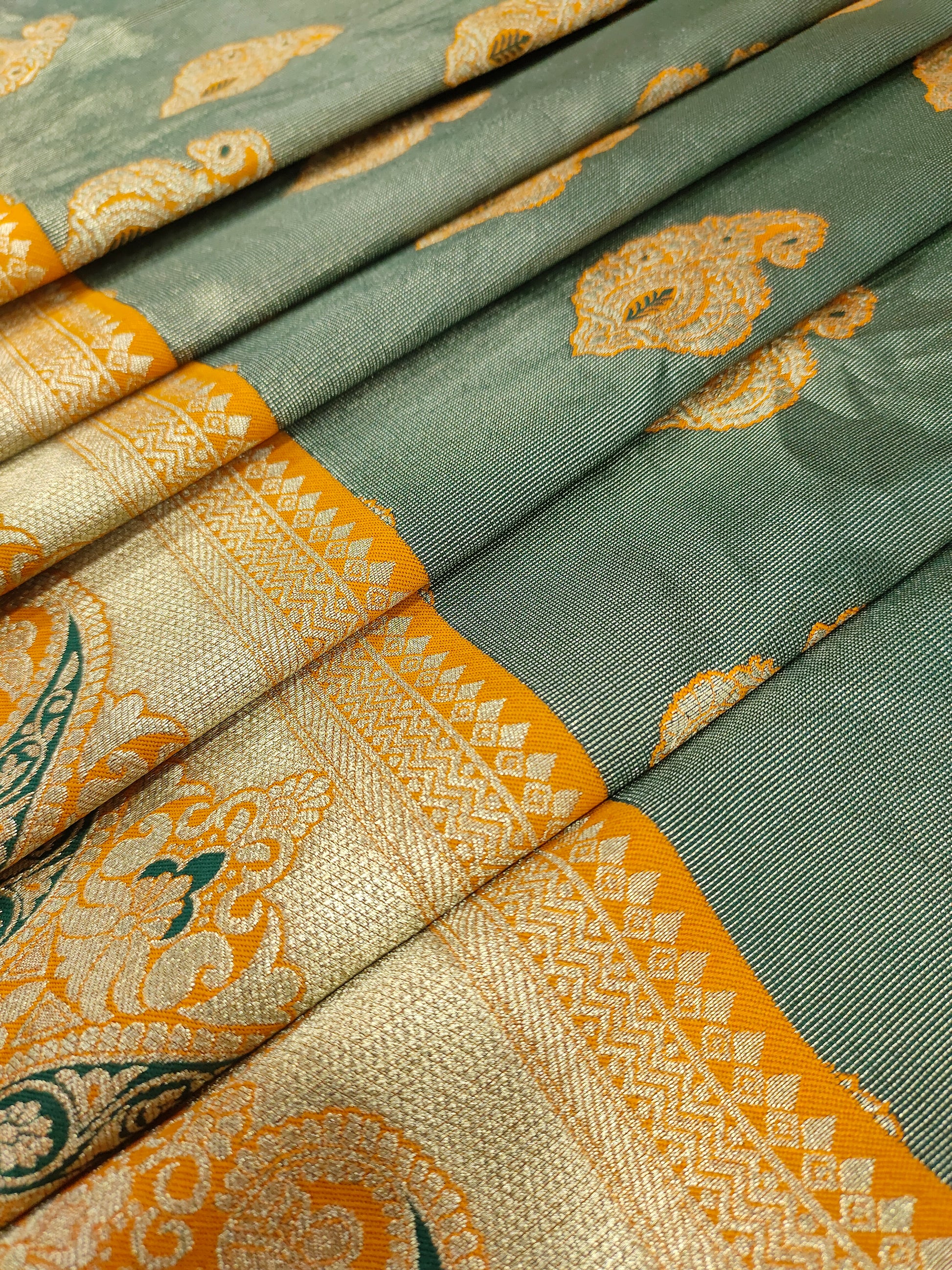 Banarasi silk green with yellow orange