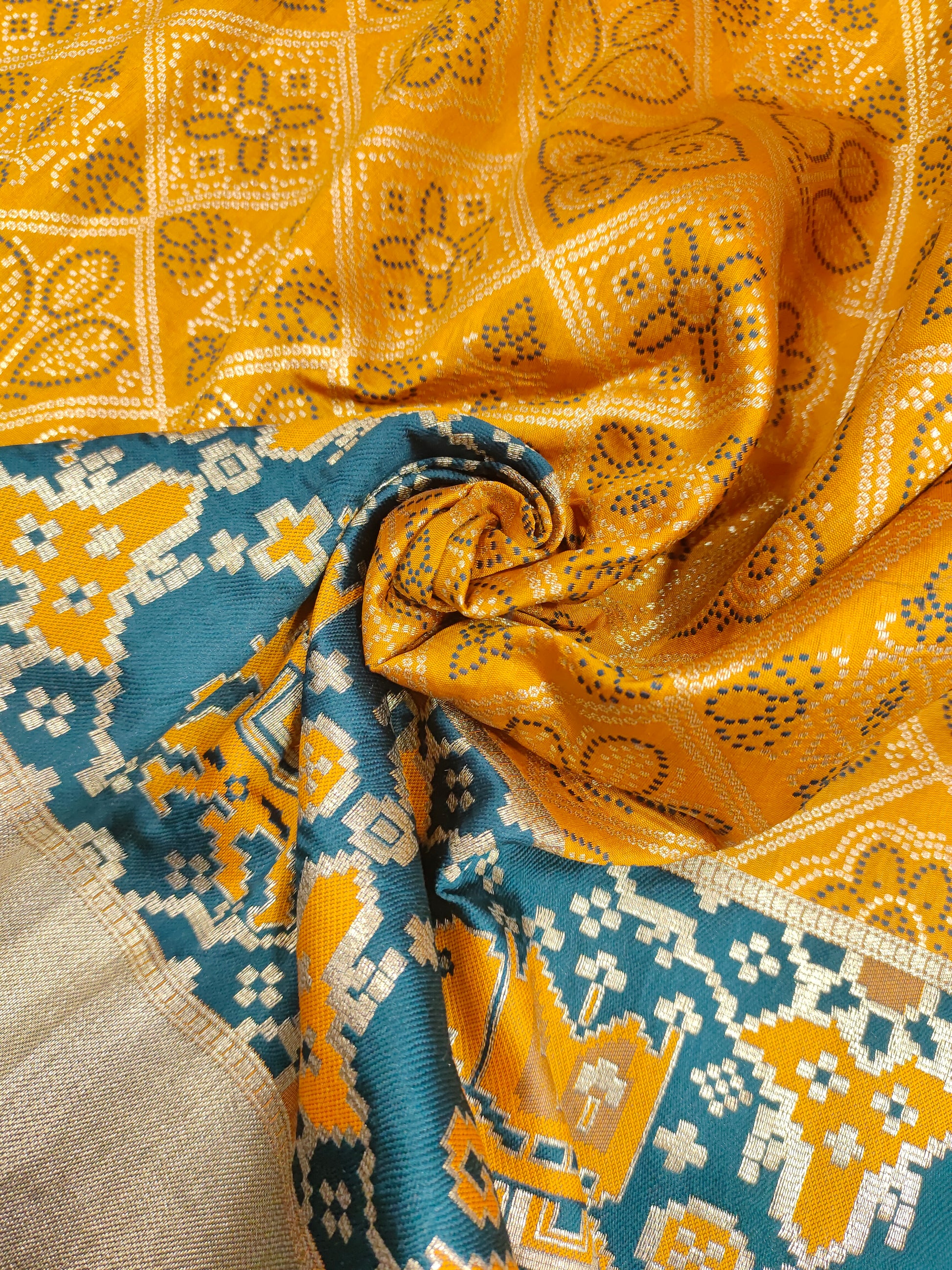 Mustard brocade with blue and gold border