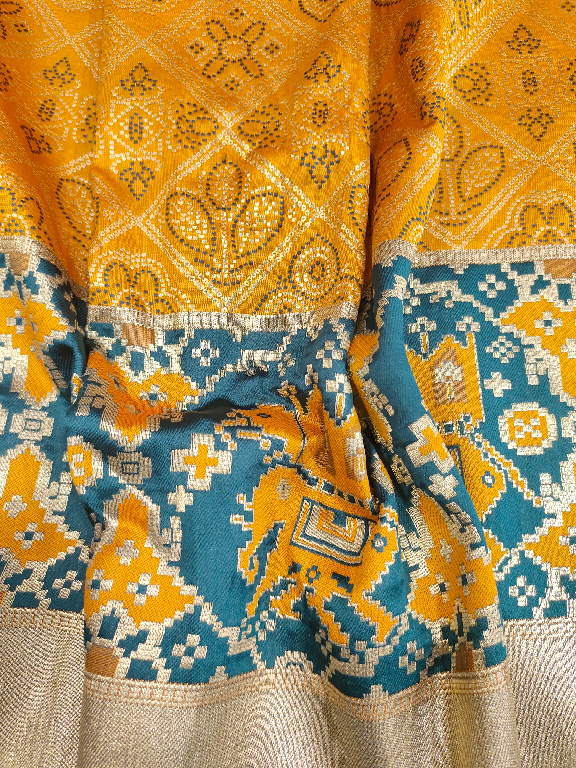 Mustard brocade with blue and gold border