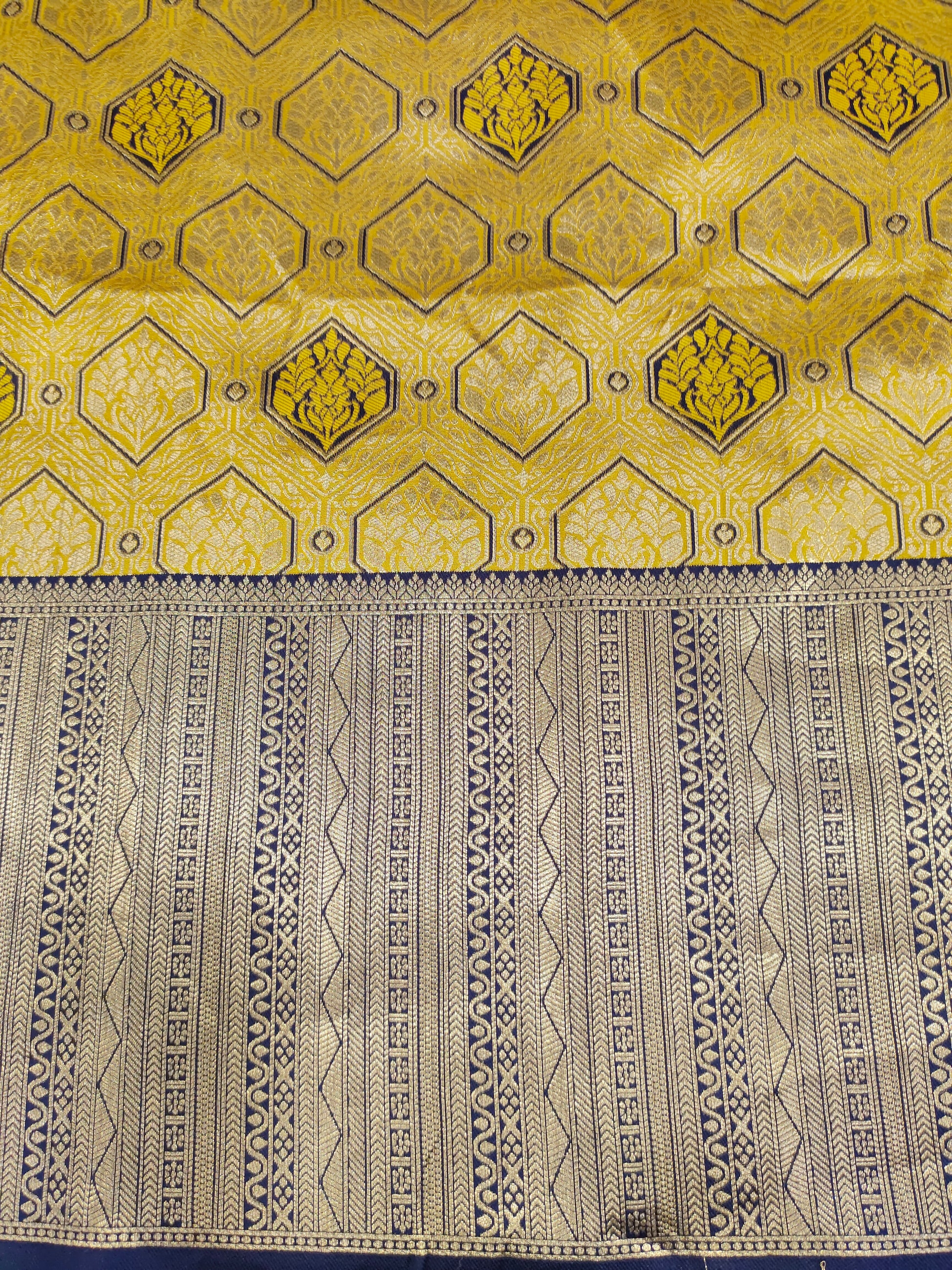 Banarasi silk with yellow and navy blue