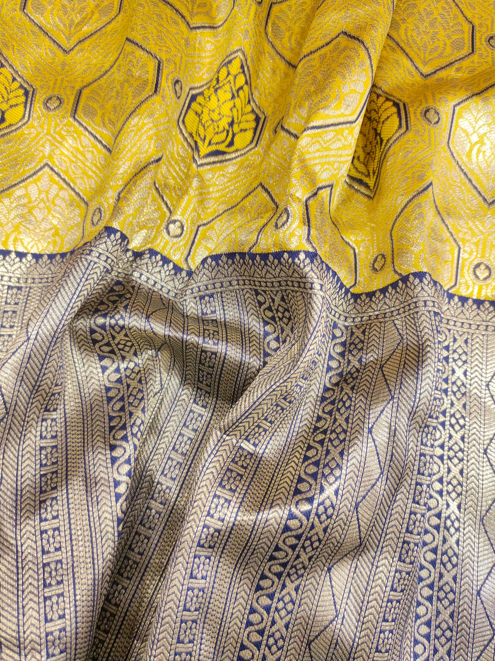 Banarasi silk with yellow and navy blue