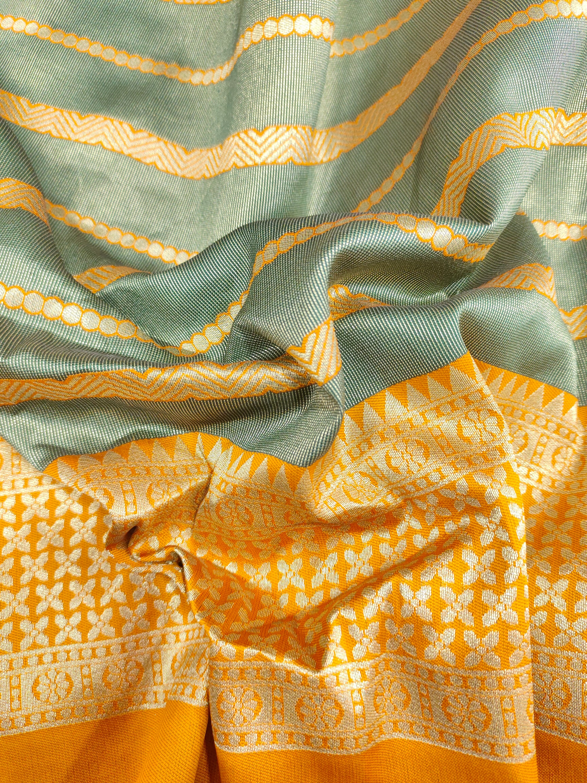 Banarasi sik with mehendi green and mango yellow color