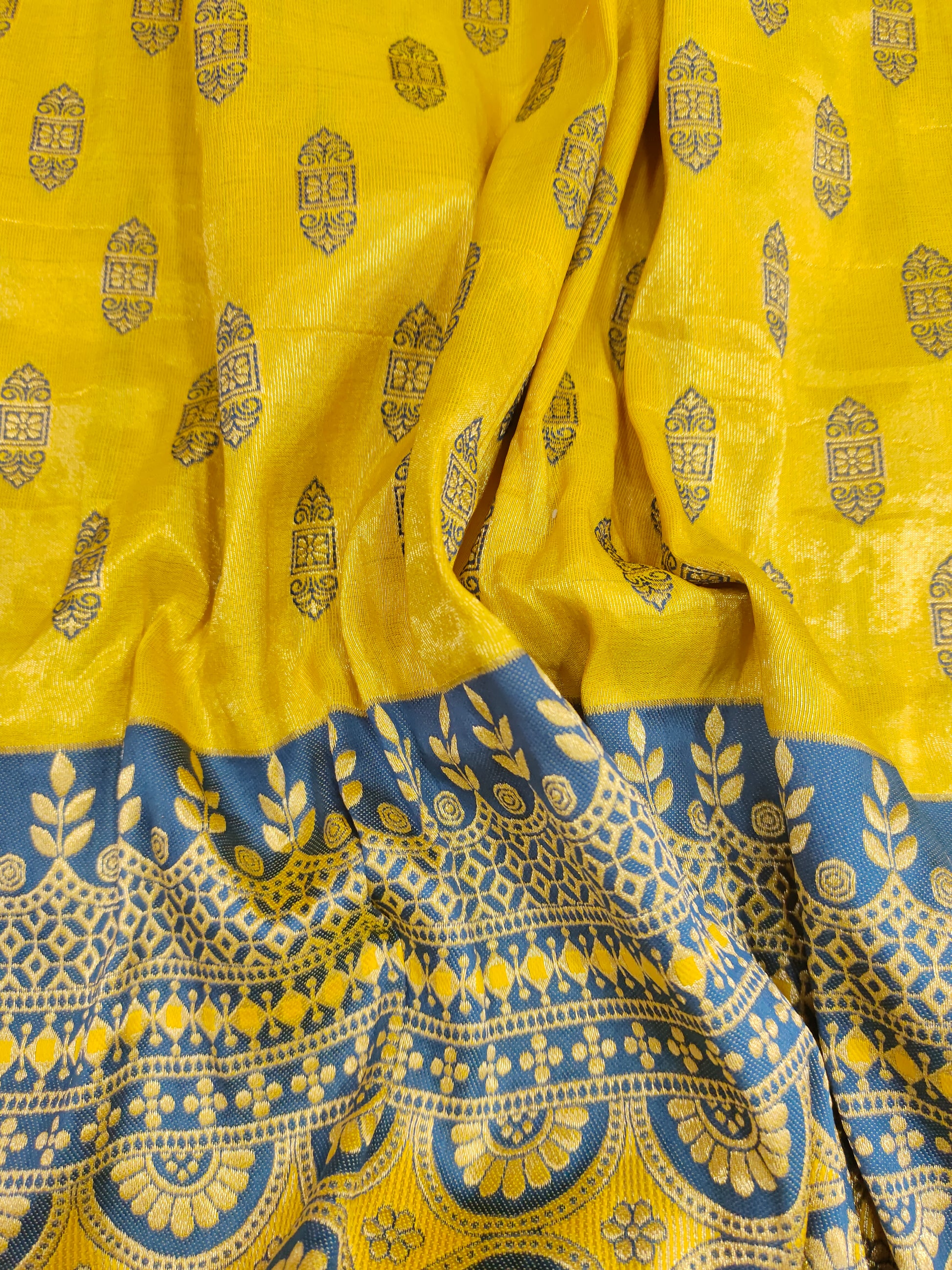 Banarasi silk with yellow and blue