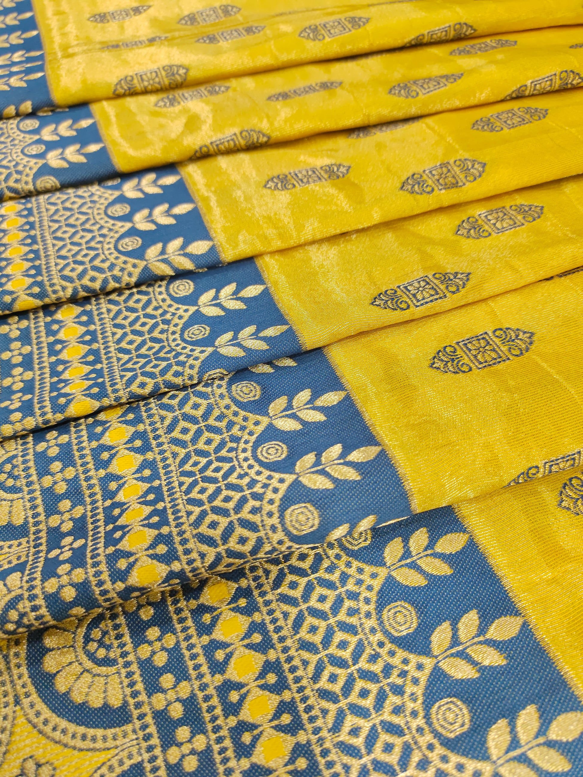 Banarasi silk with yellow and blue