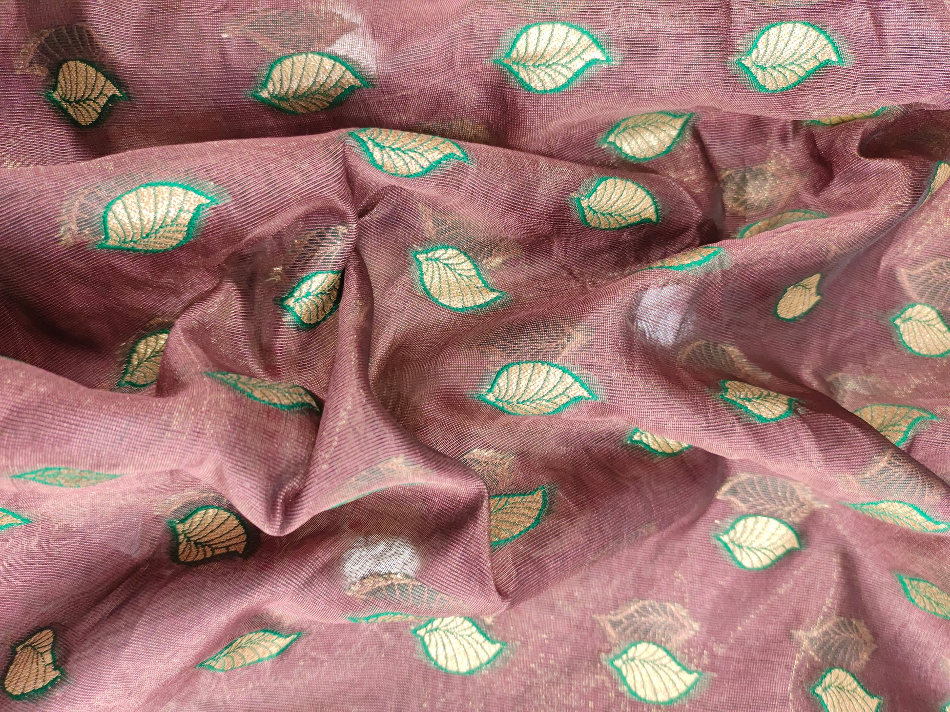 chanderi silk with gold and green print