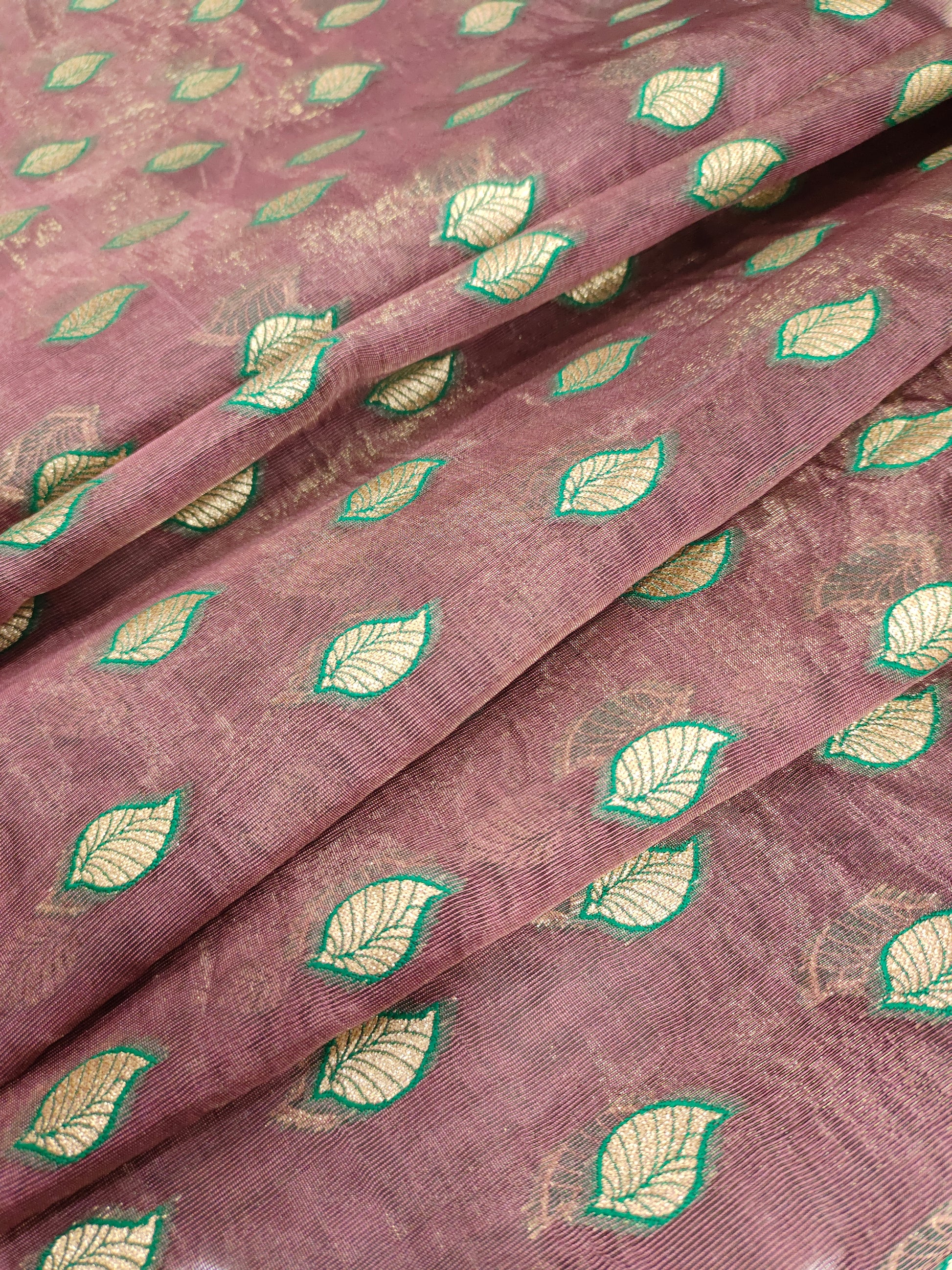 chanderi silk with gold and green print