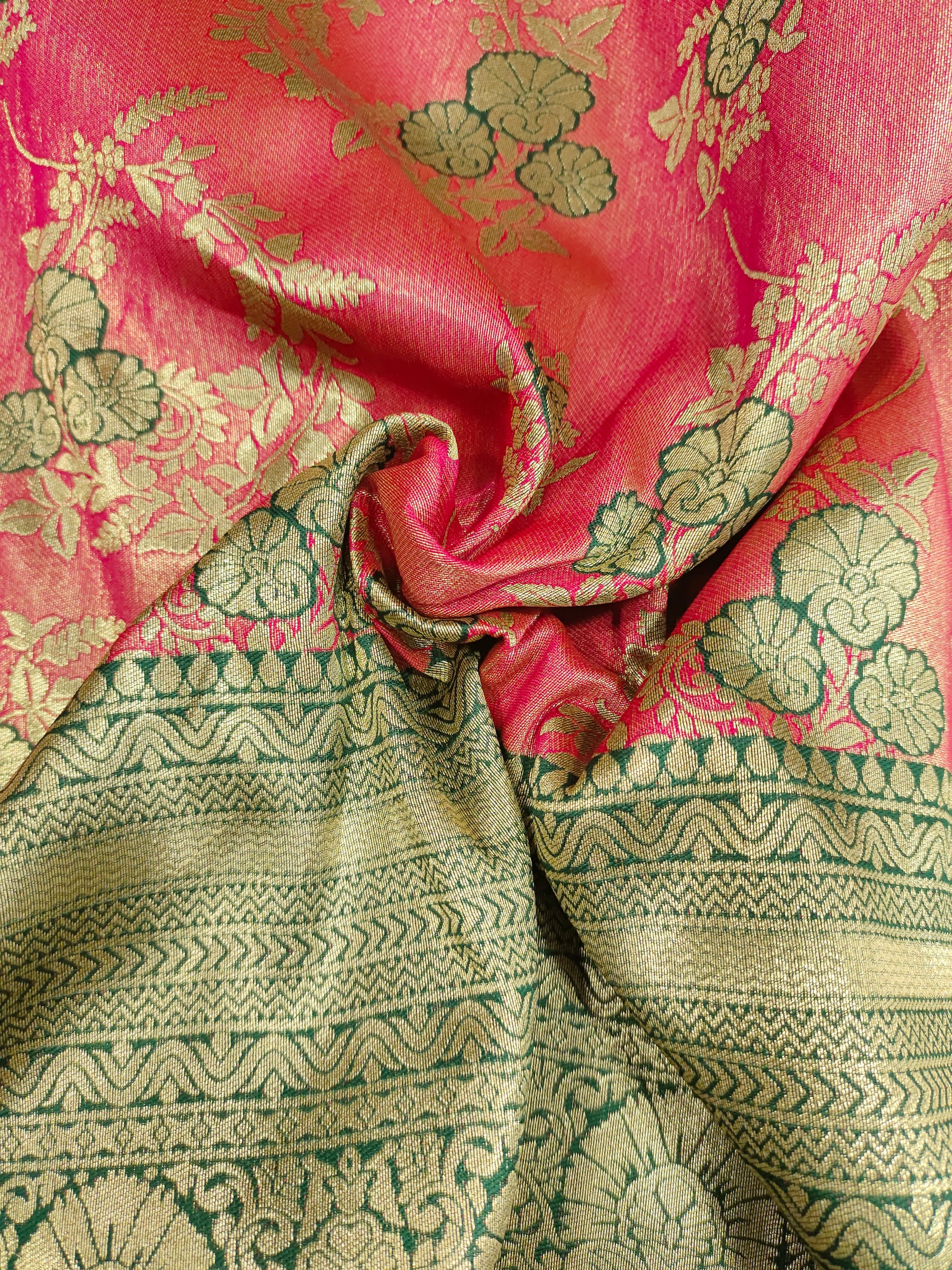 Banarasi silk border with tomato and green color and small flowers