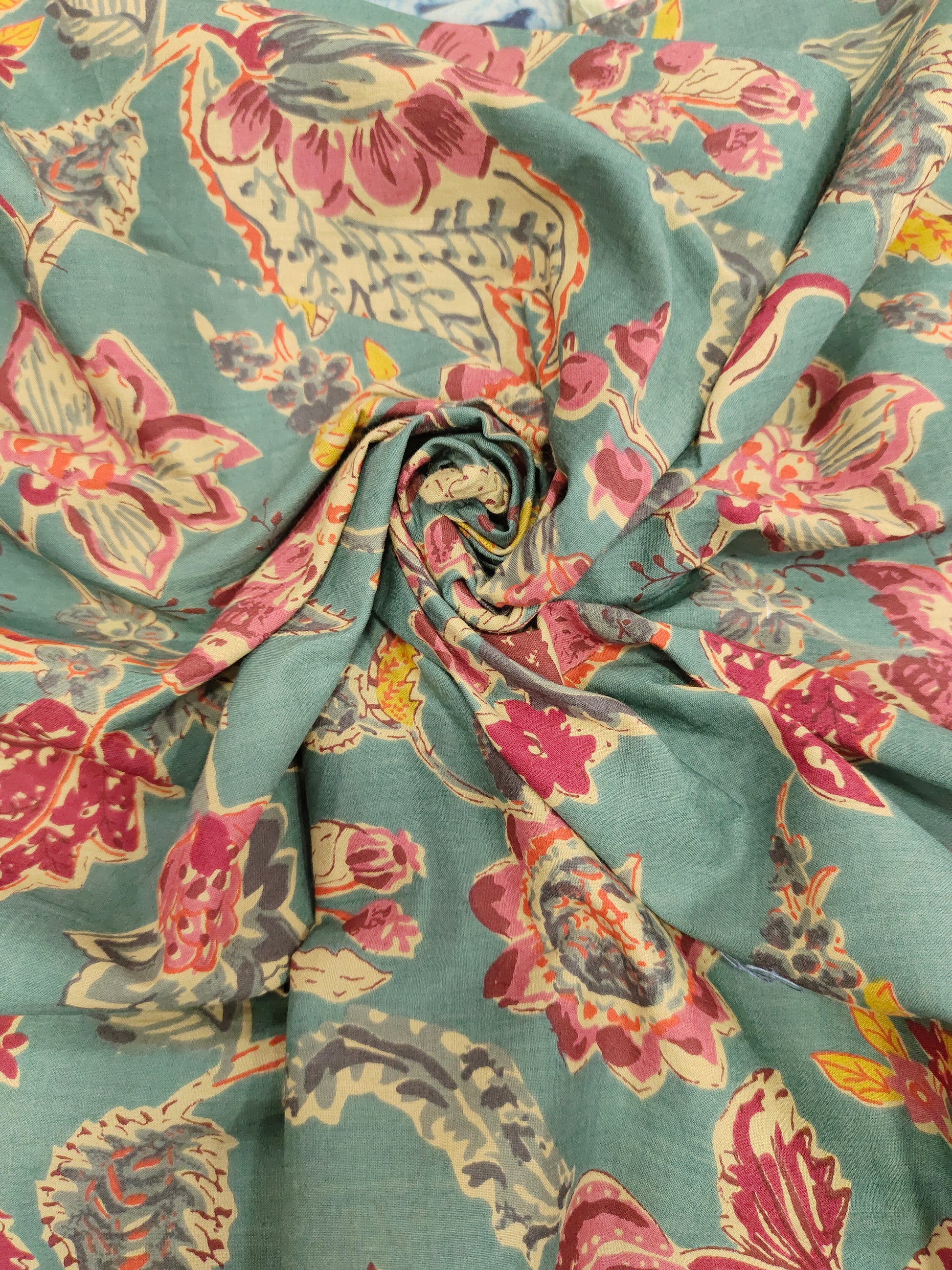 Green base with floral cotton screen print