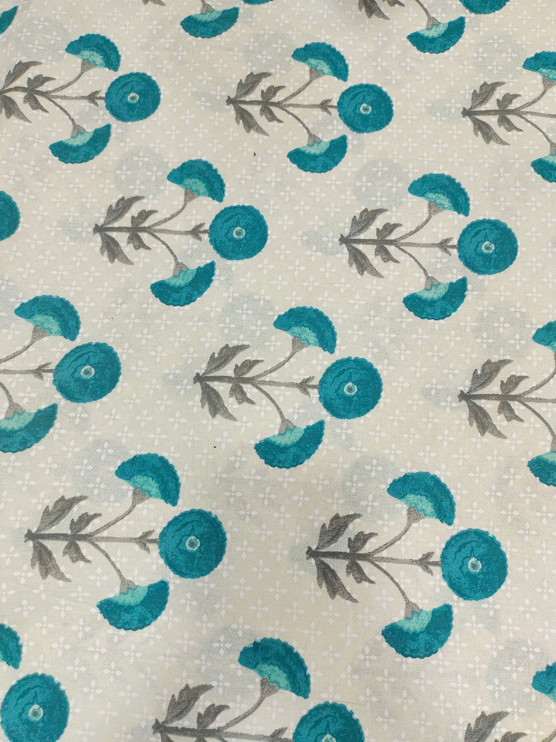 Off white flex floral fabric with rama green motif print