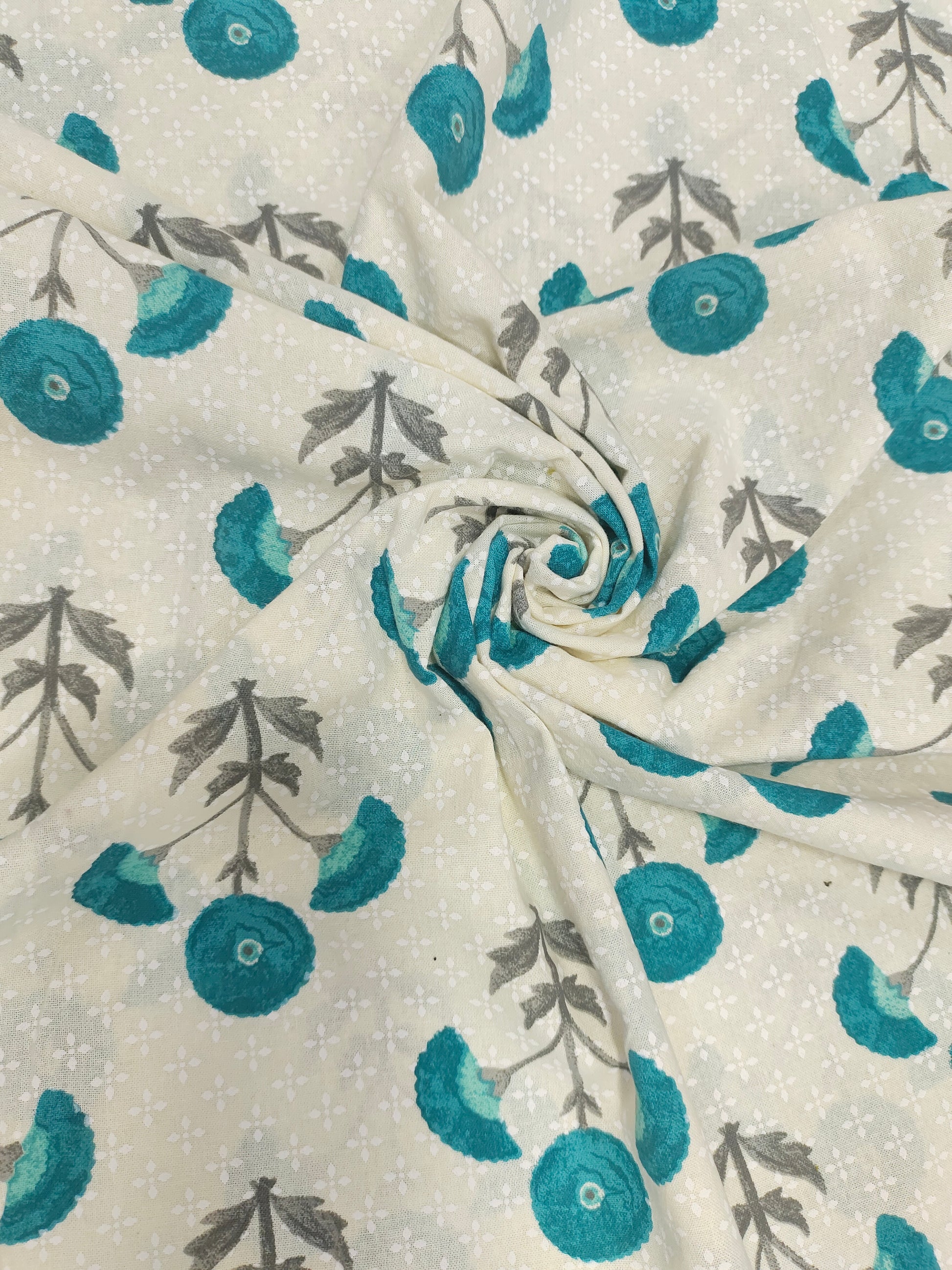 Off white flex floral fabric with rama green motif print