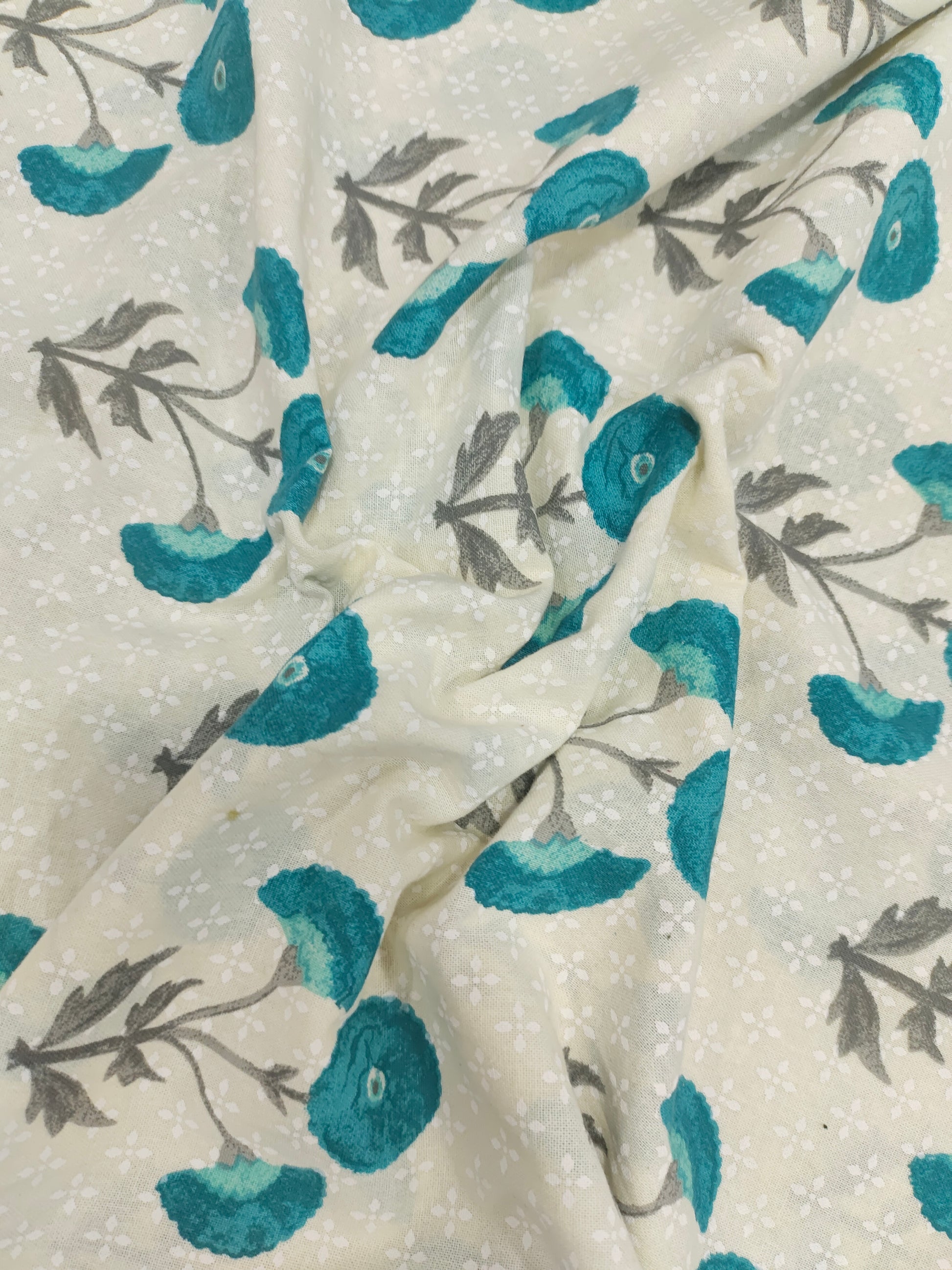 Off white flex floral fabric with rama green motif print